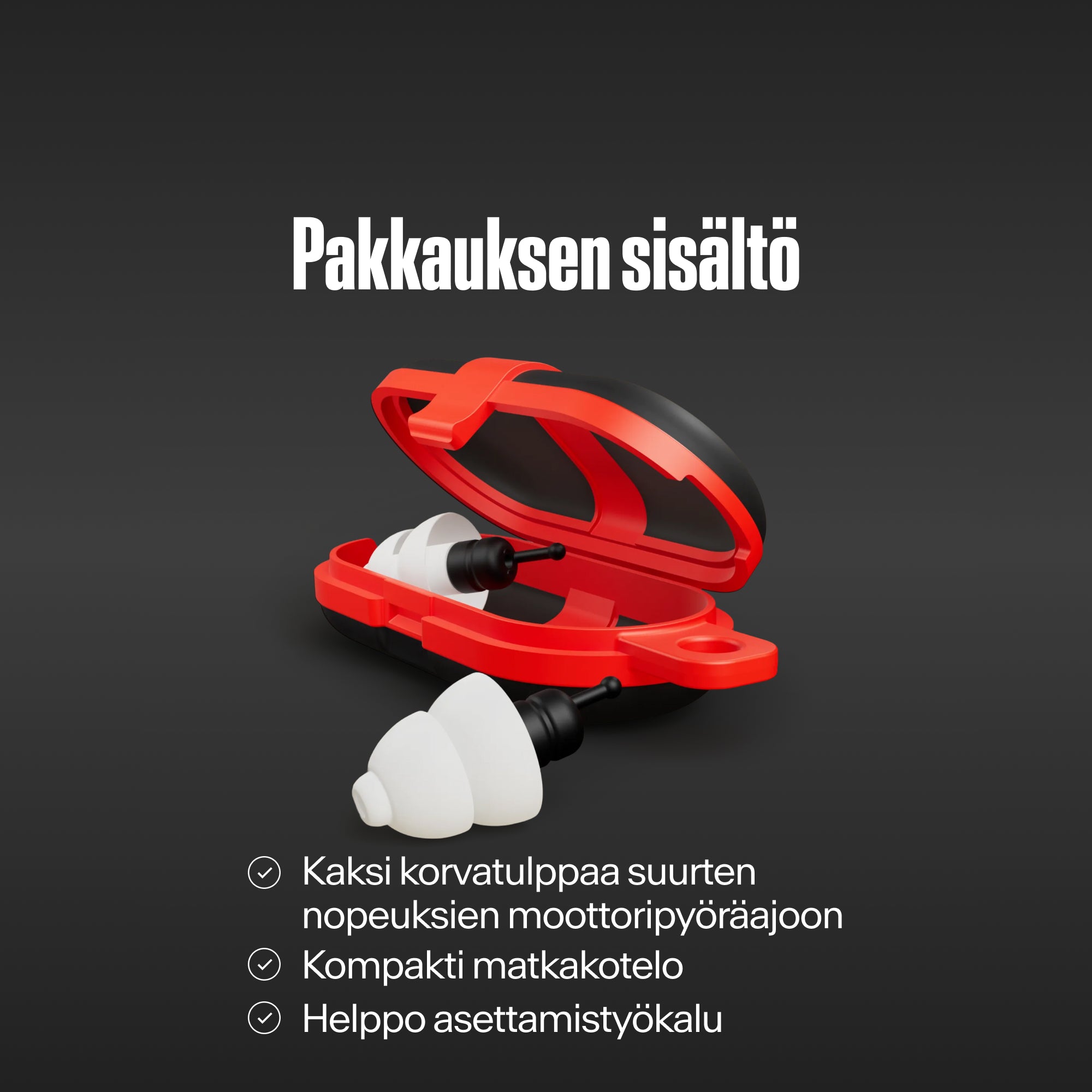 "Pakkauksen sisältö": kaksi Alpine MotoSafe Tour -korvatulppaa, avattu kompakti punainen matkakotelo ja helppo asettamistyökalu