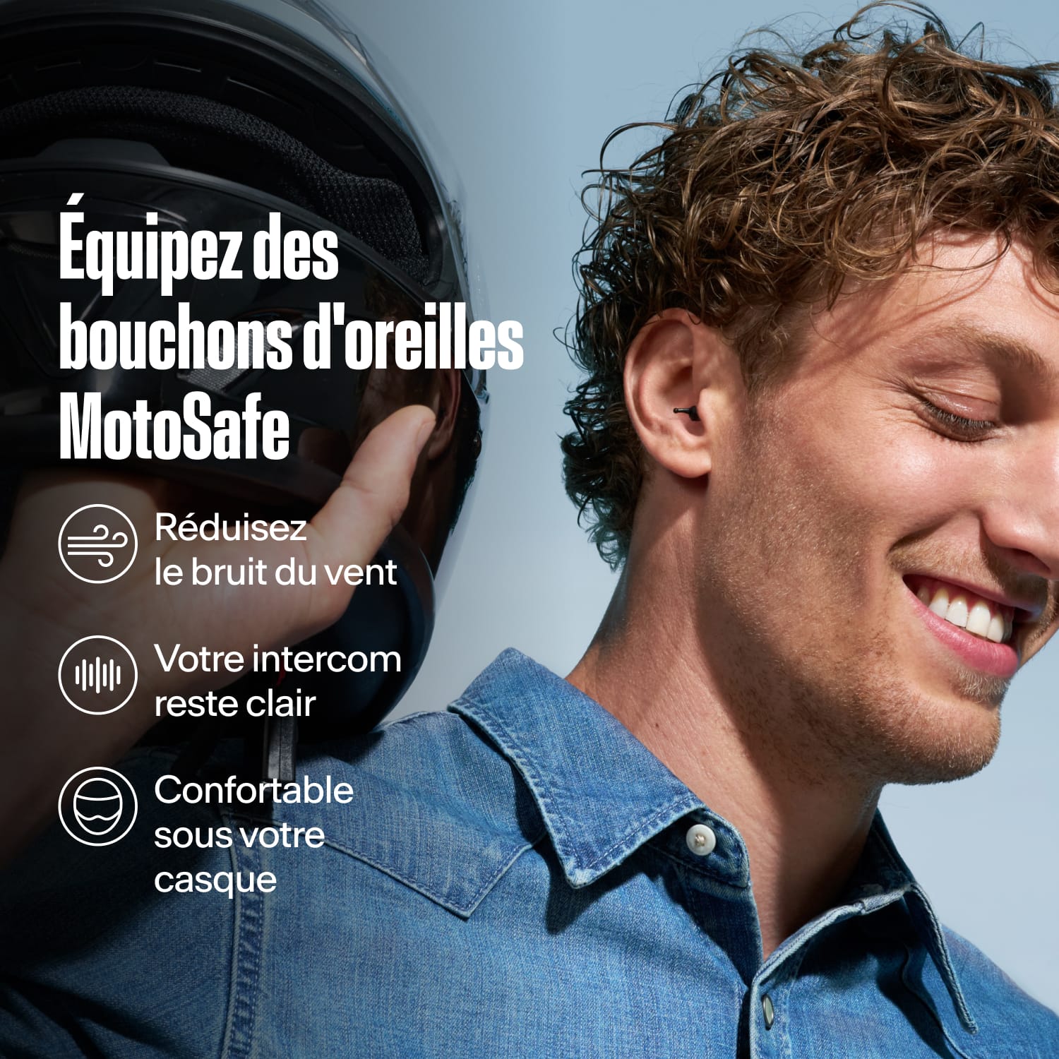 Homme souriant tenant un casque moto, texte « Équipez des bouchons d&