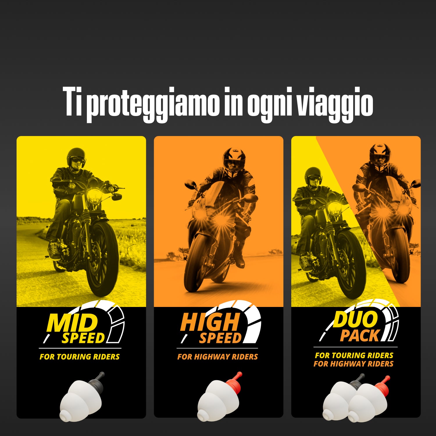 Tre versioni di Alpine MotoSafe sotto la scritta &