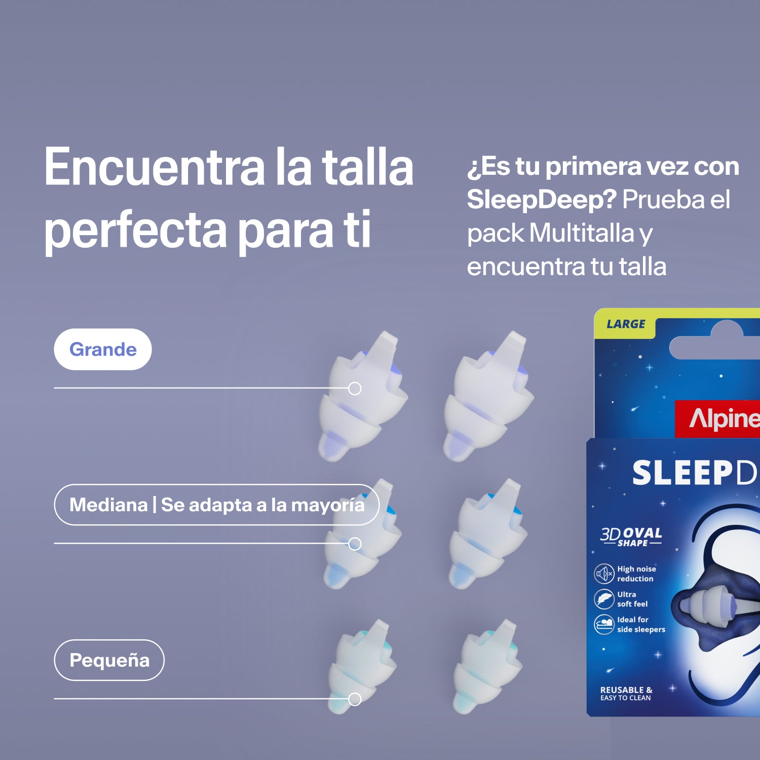 Tapones Alpine SleepDeep en tallas Large, Medium y Small junto al envase; el pack Multisize ayuda a encontrar la talla ideal