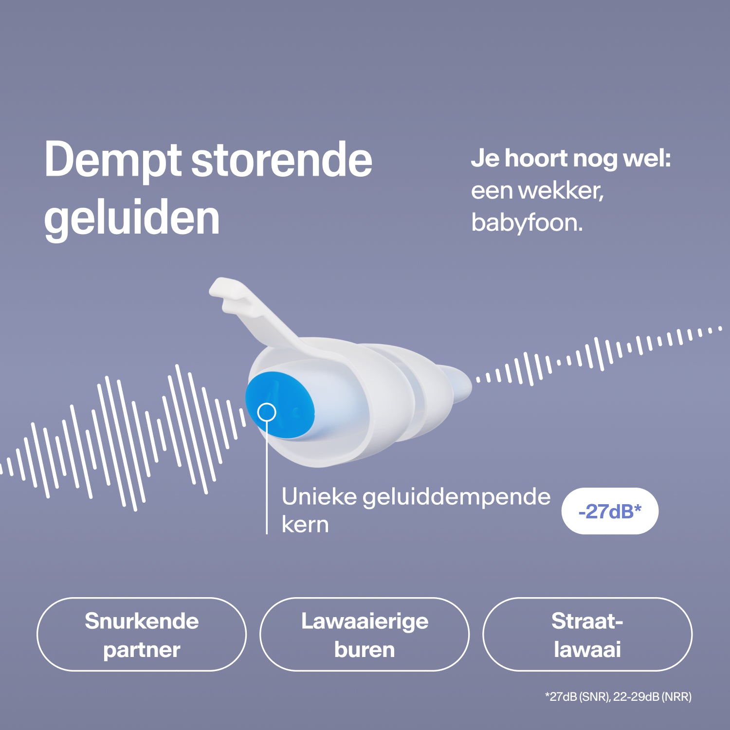 Alpine SleepDeep oordopje in maat S dempt gesnurk, buren- en verkeerslawaai met 27 dB, terwijl de wekker hoorbaar blijft