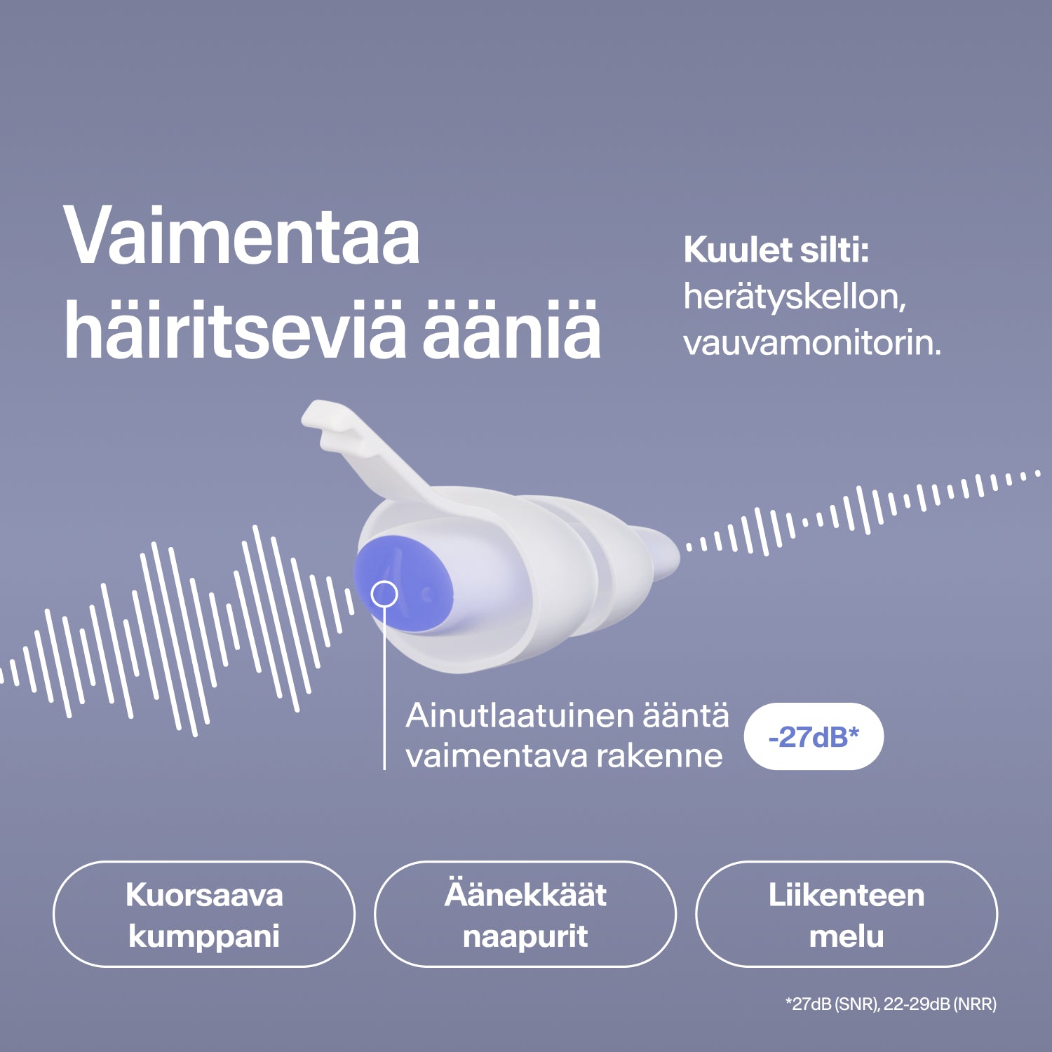 Alpine SleepDeep Multisize -korvatulppa vaimentaa kuorsausta, naapuri- ja liikennemelua 27 dB, herätyskello kuuluu silti