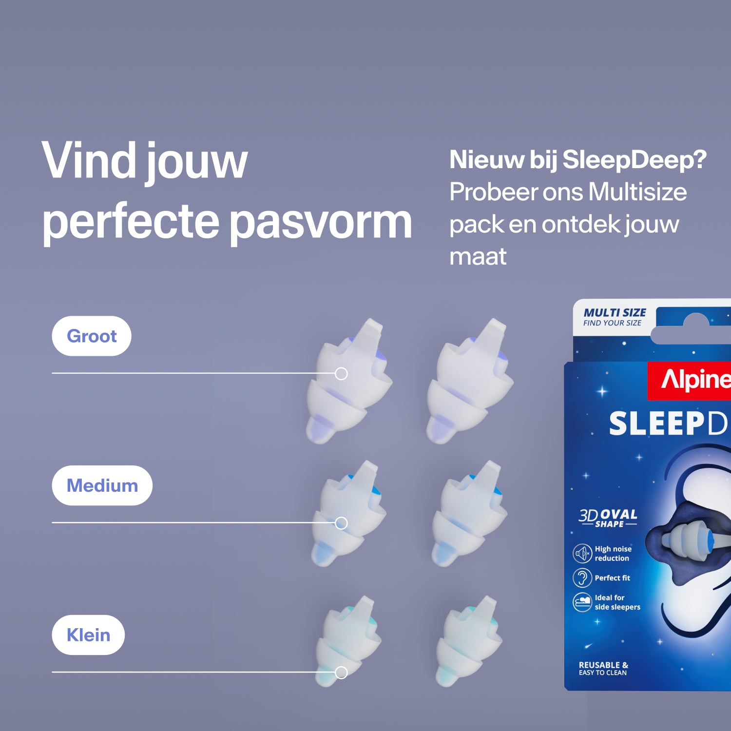 Alpine SleepDeep oordopjes in de maten Large, Medium en Small naast de verpakking; vind de juiste maat met de Multisize-set