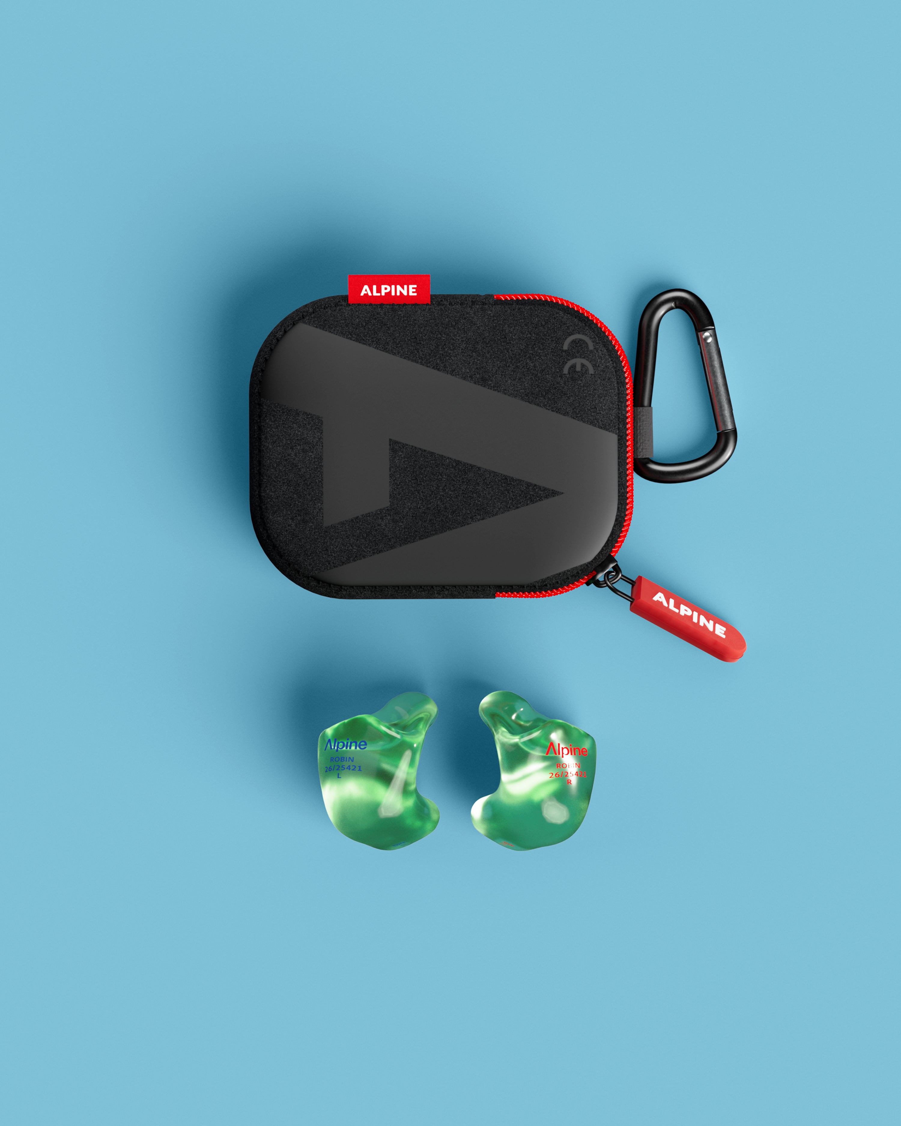 Alpine SleepSoft Custom Transparent Green earplugs with black carrying case, top view