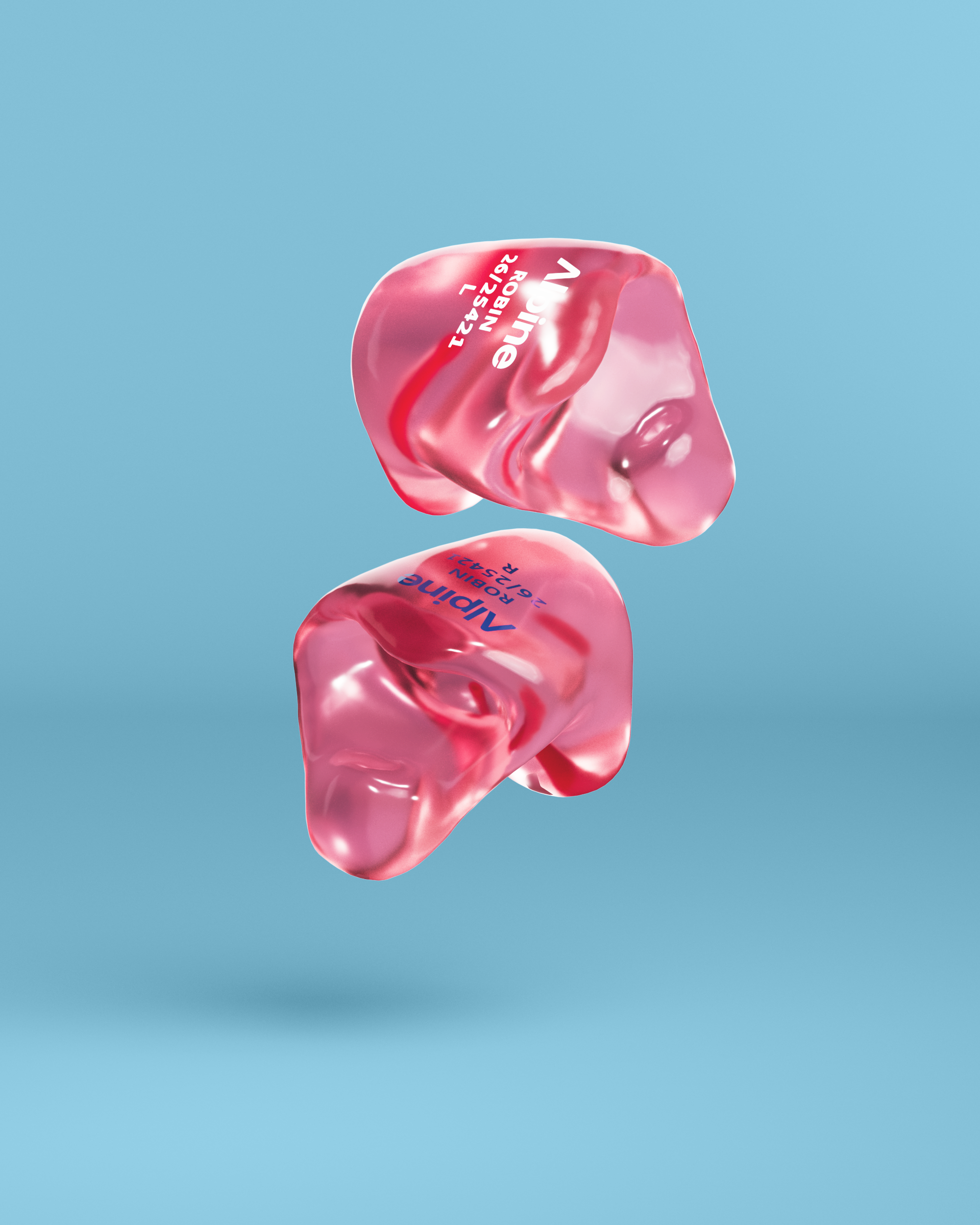 Pair of Alpine SleepSoft Custom Transparent Red earplugs, 3D render