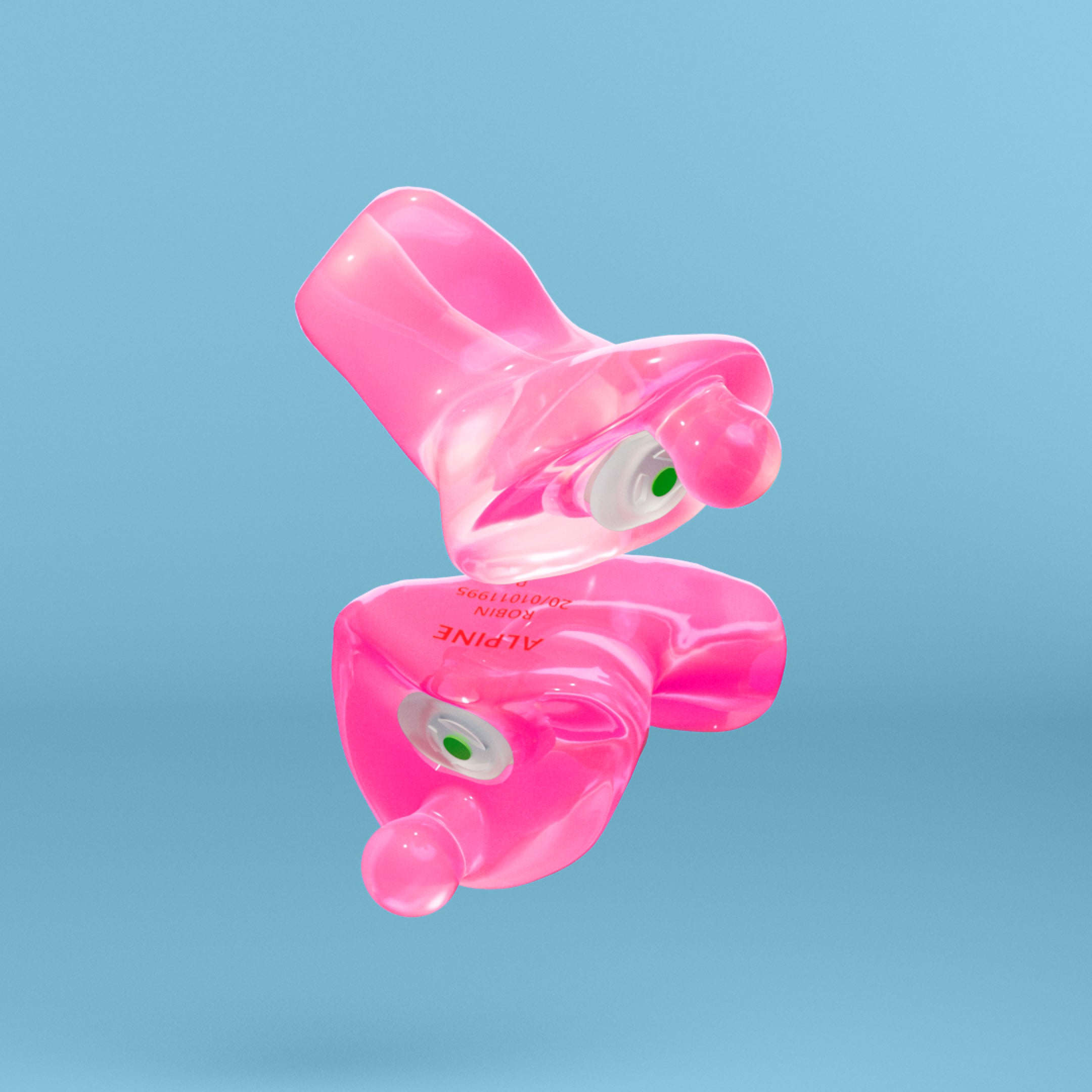 Pair of Alpine PartyPlug Custom Metallic Pink earplugs with filters, 3D render
