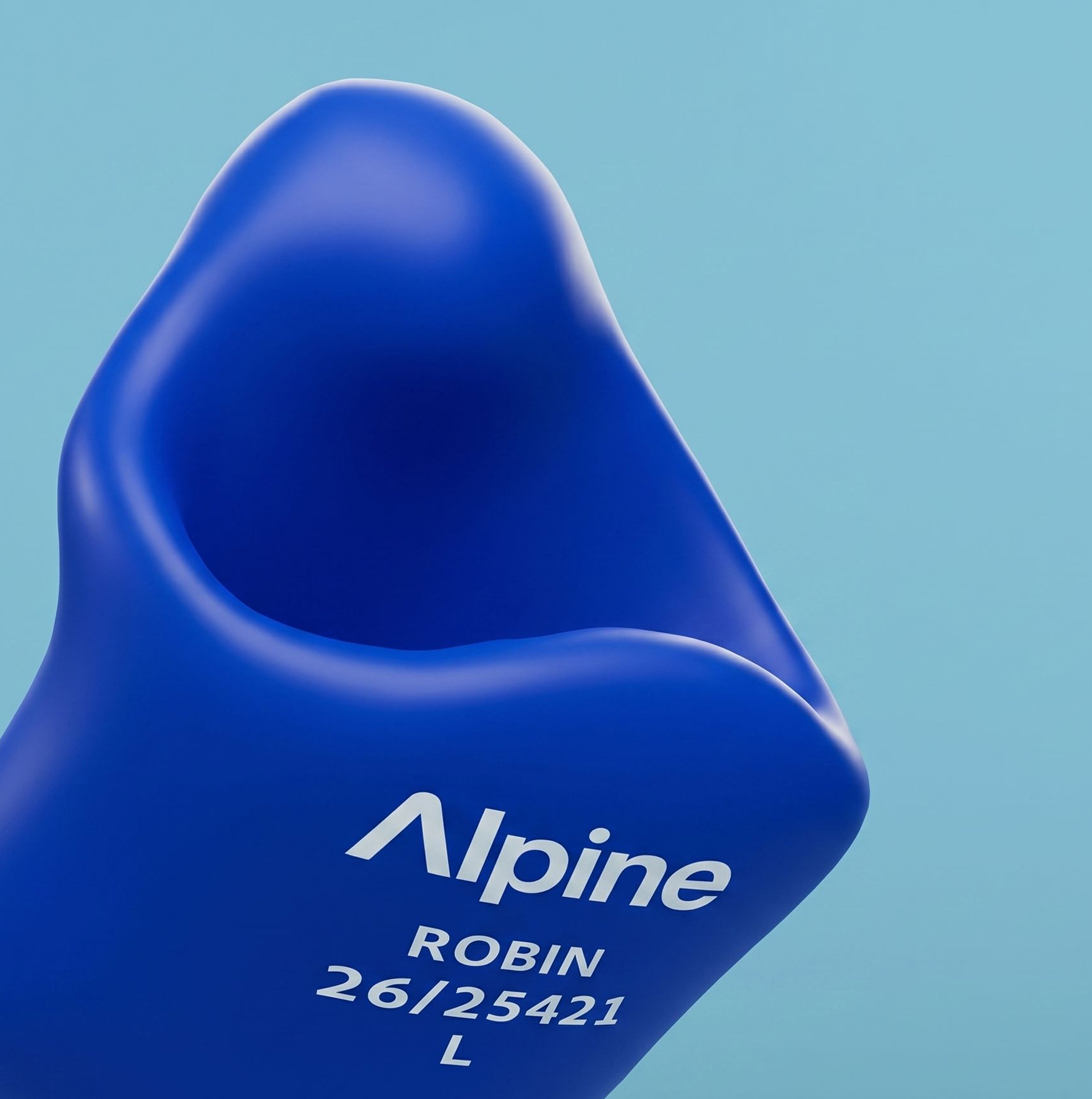 Close-up of an Alpine SleepSoft Custom Blue earplug with the engraving &