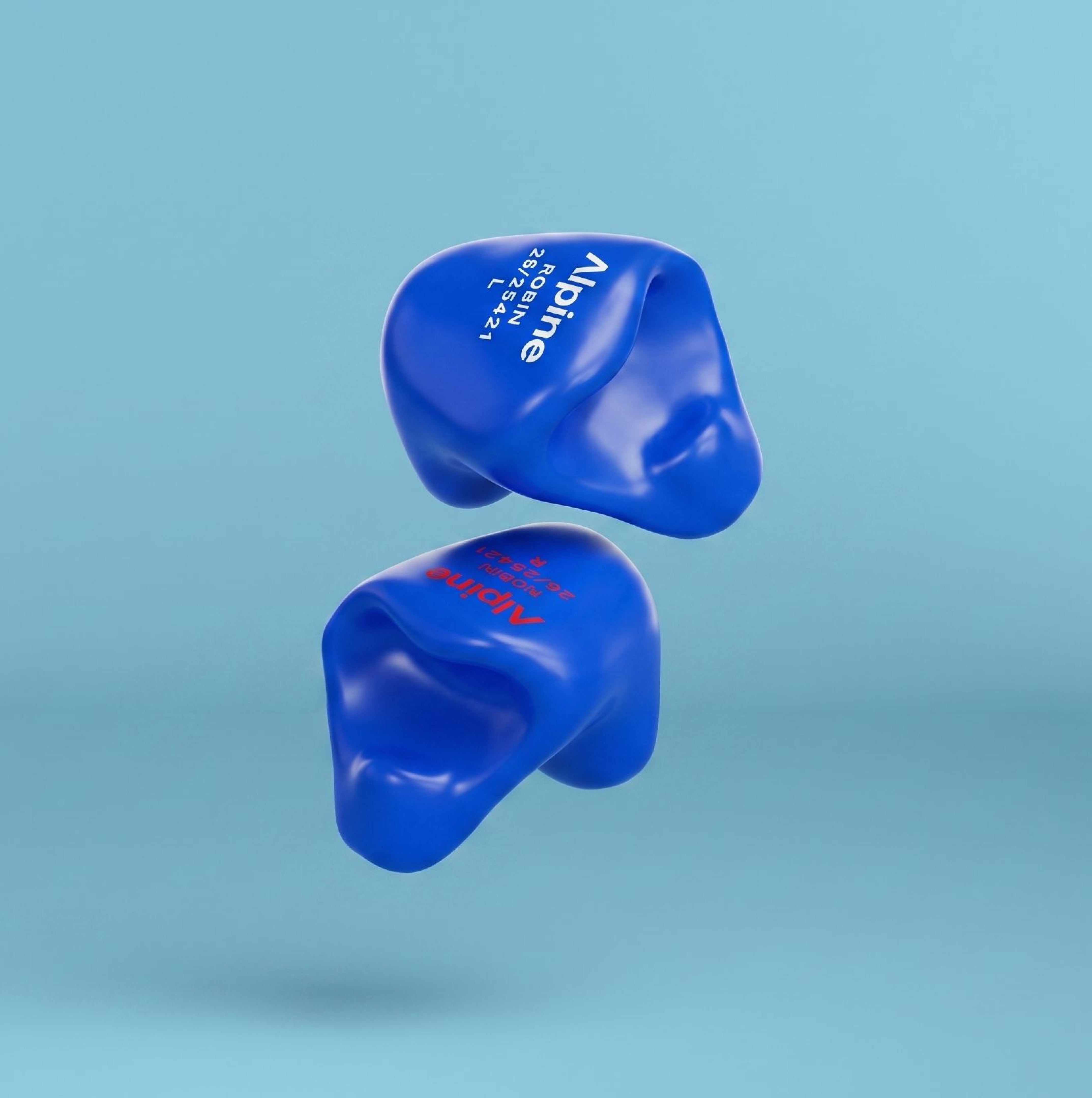 Pair of Alpine SleepSoft Custom Blue earplugs, 3D render