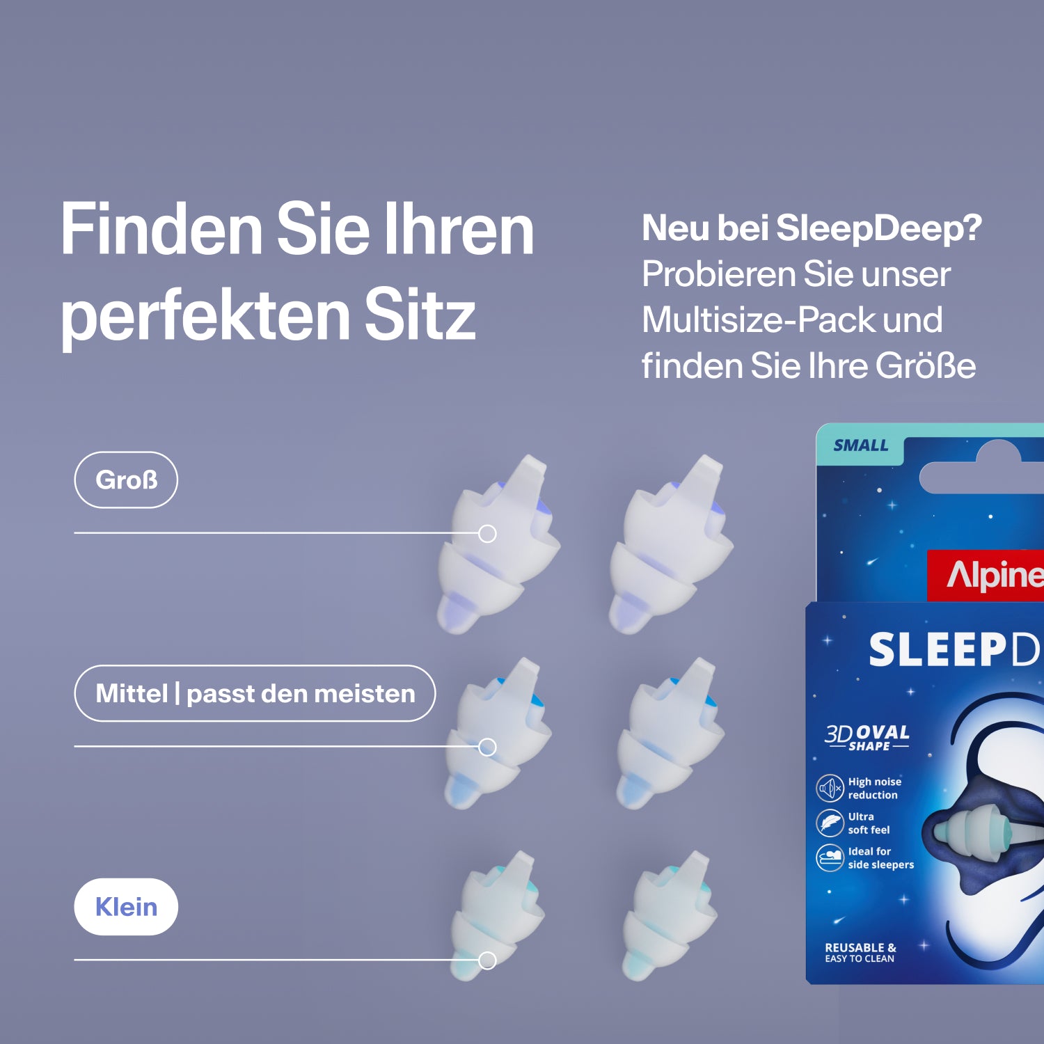 Alpine SleepDeep Ohrstöpsel in den Größen Large, Medium und Small neben der Packung; mit dem Multisize-Set die richtige Größe finden