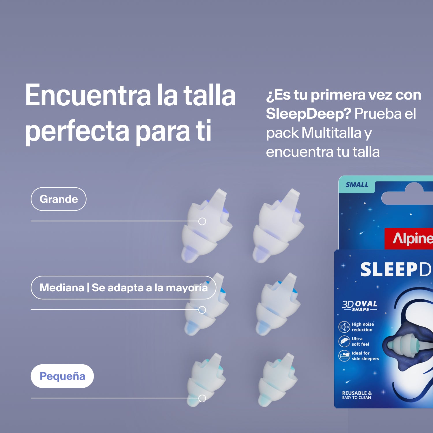 Tapones Alpine SleepDeep en tallas Large, Medium y Small junto al envase; el pack Multisize ayuda a encontrar la talla ideal