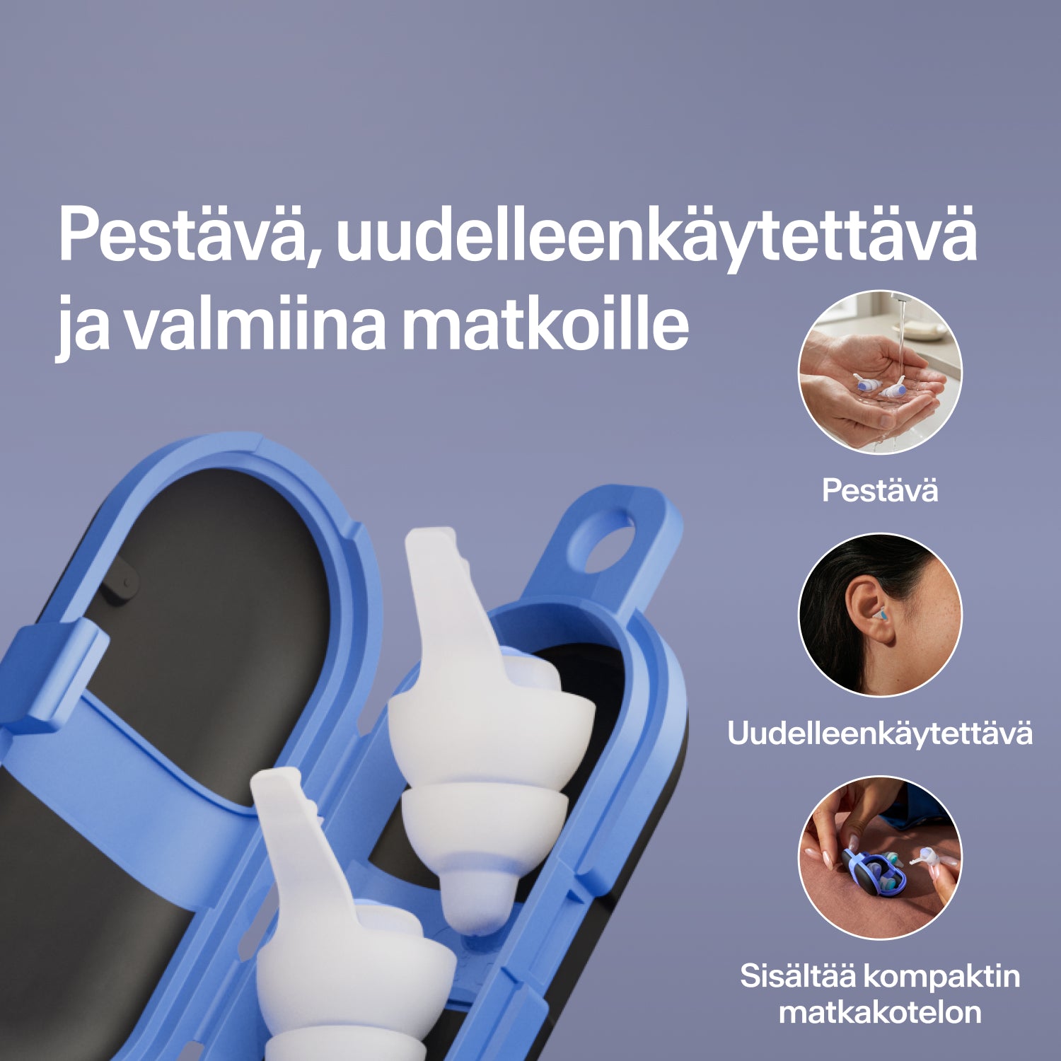 Pestävät, uudelleenkäytettävät Alpine SleepDeep -korvatulpat, koko S, avoimessa sinisessä matkakotelossa, valmiina matkalle