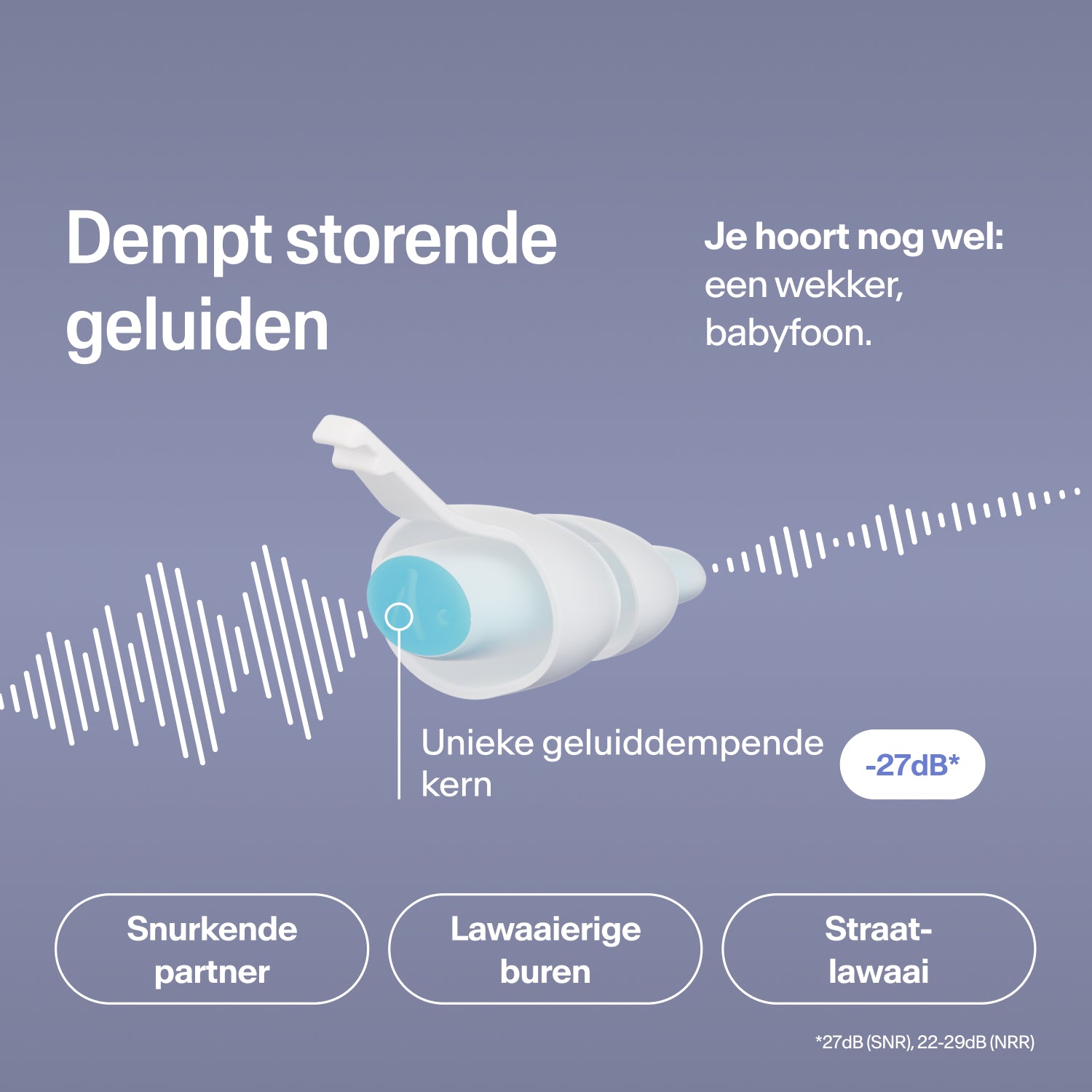 Alpine SleepDeep oordopje in maat S dempt gesnurk, buren- en verkeerslawaai met 27 dB, terwijl de wekker hoorbaar blijft