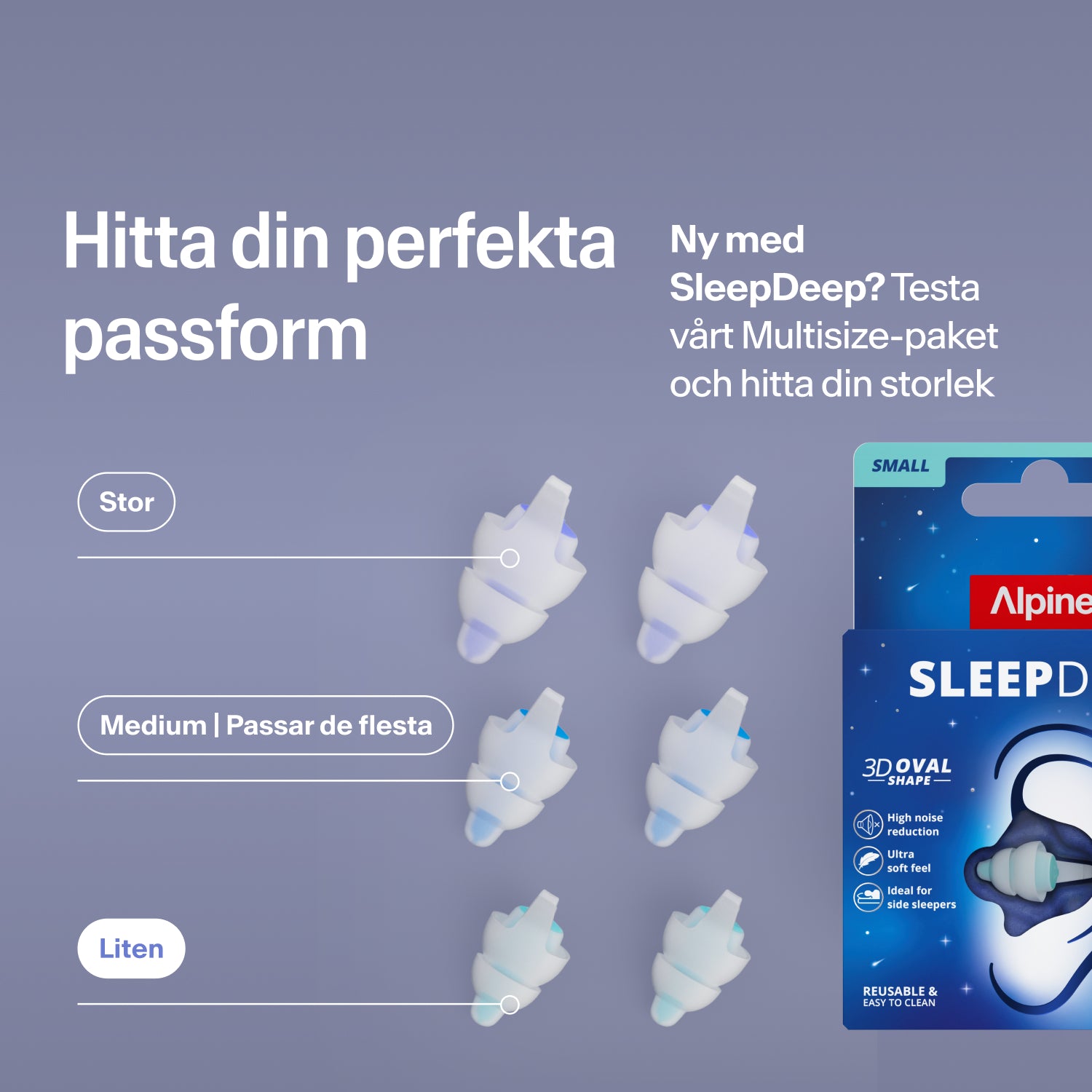 Alpine SleepDeep öronproppar i storlekarna Large, Medium och Small bredvid förpackningen; hitta rätt storlek med Multisize-paketet