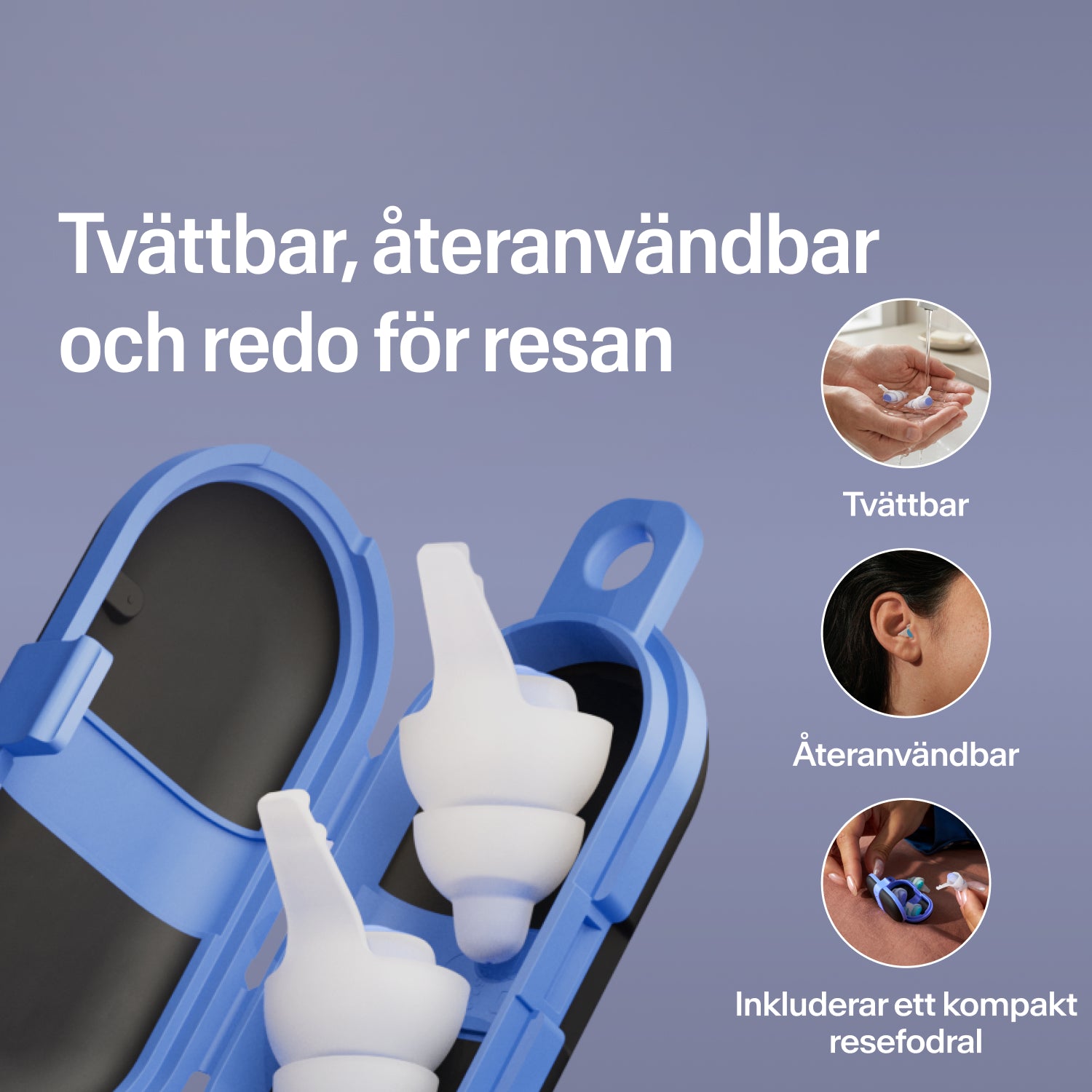 Tvättbara, återanvändbara Alpine SleepDeep öronproppar i storlek S i ett öppet blått kompakt reseetui, redo för resan