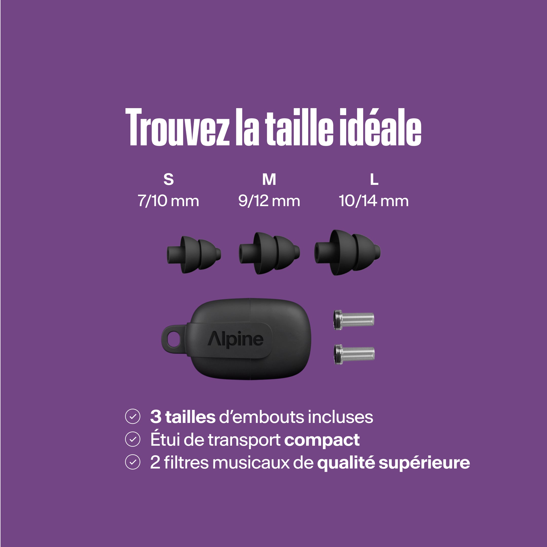 Alpine PartyPlug Pro : trouvez votre taille idéale. Trois tailles de bouchons noirs S, M, L, étui de transport, deux filtres musicaux