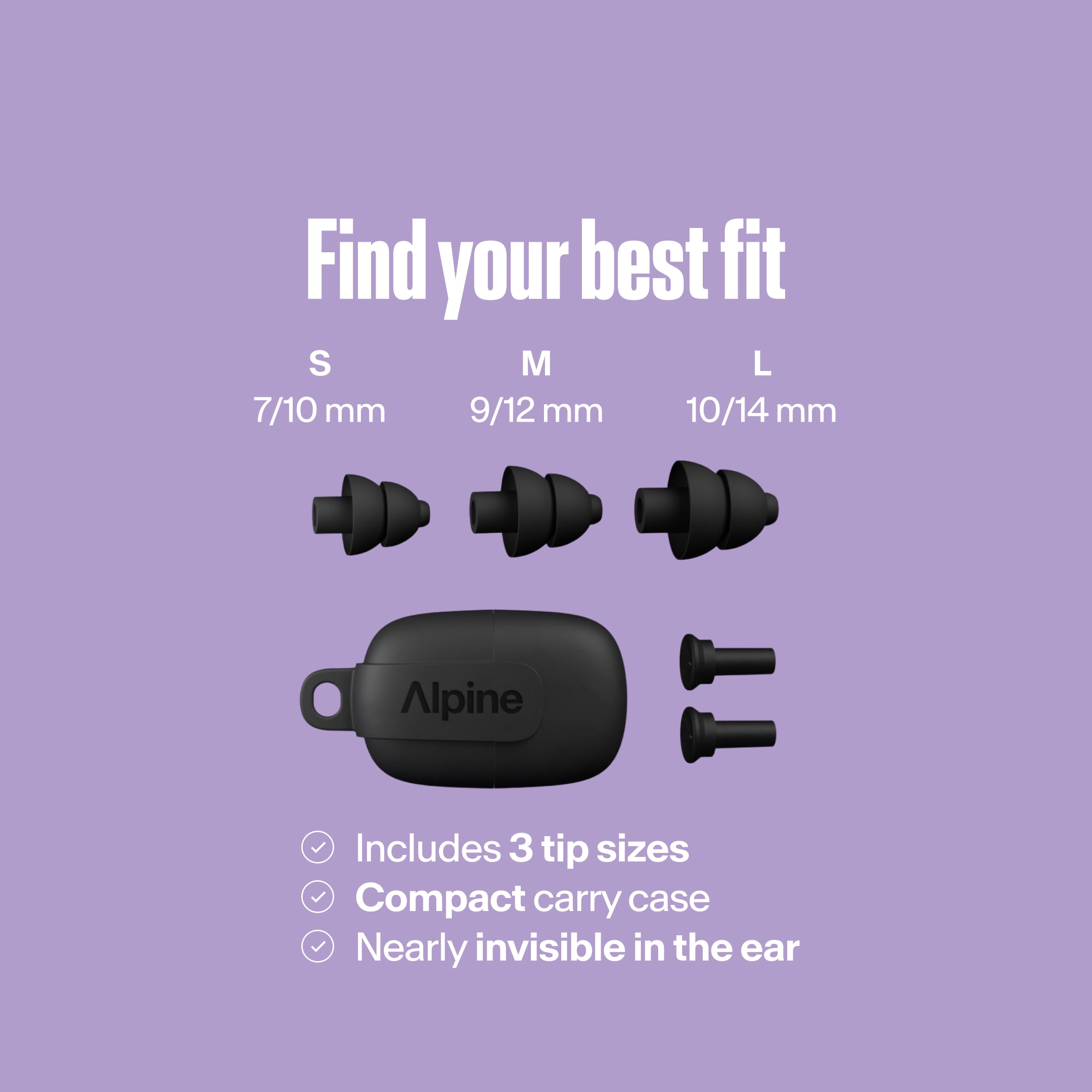Alpine PartyPlug tips (S/M/L) with compact carry case, nearly invisible in the ear