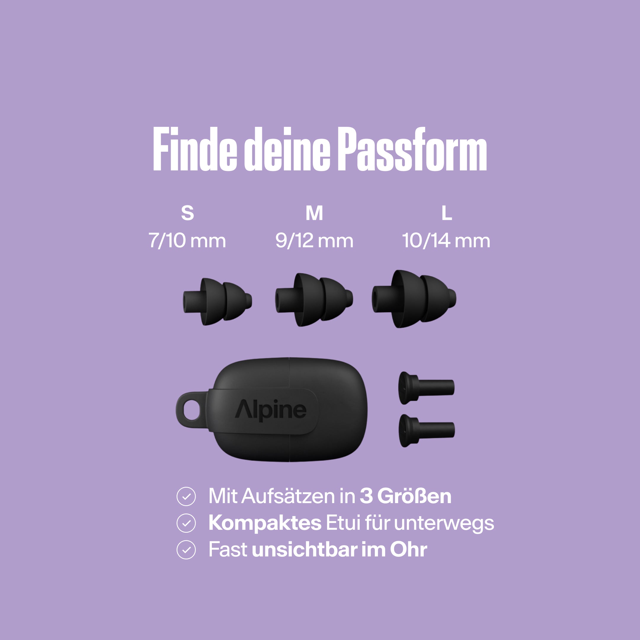 Alpine PartyPlug-Aufsätze (S/M/L) mit kompakter Tragetasche, im Ohr fast unsichtbar