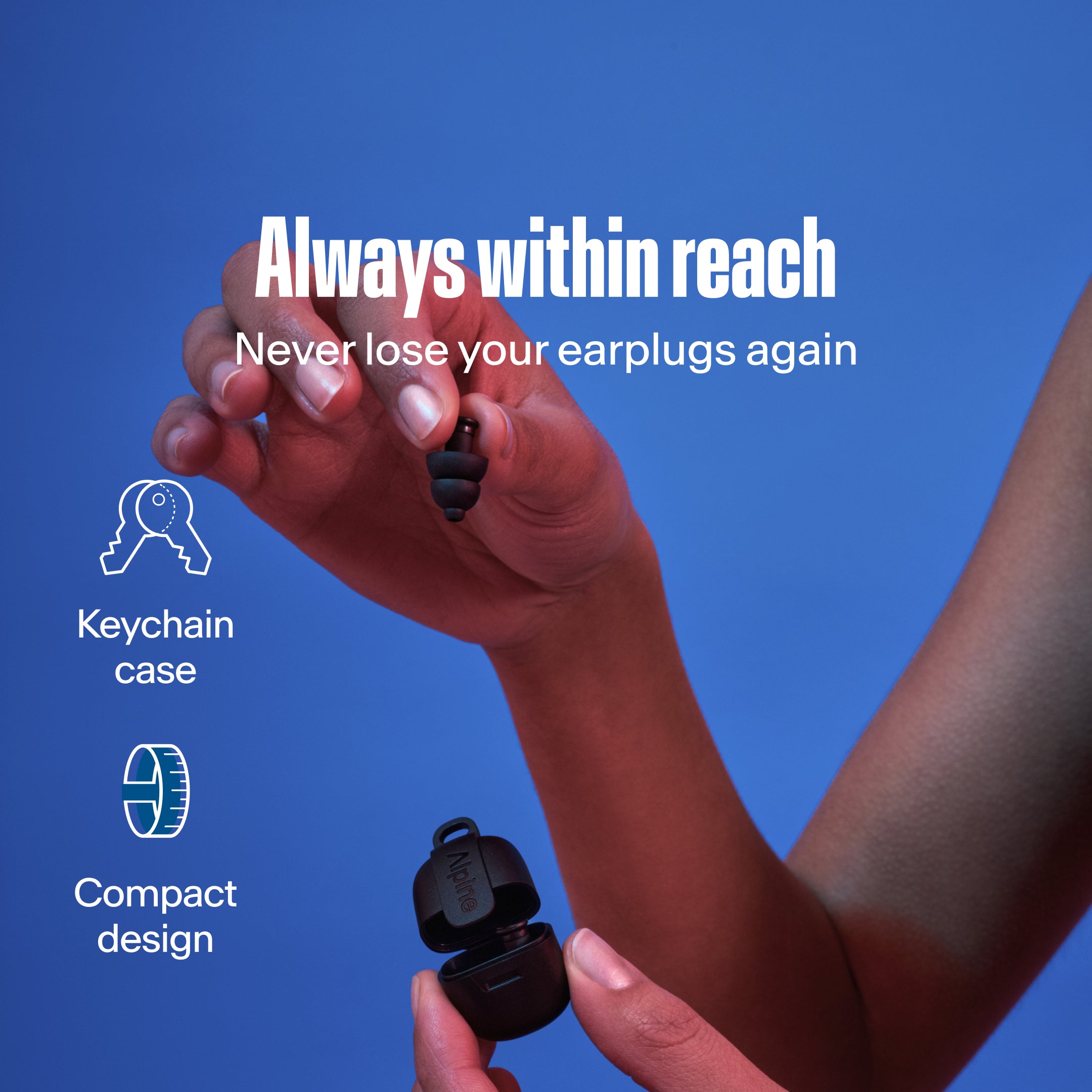 Alpine PartyPlug black: keychain case, compact design, never lose your earplugs again