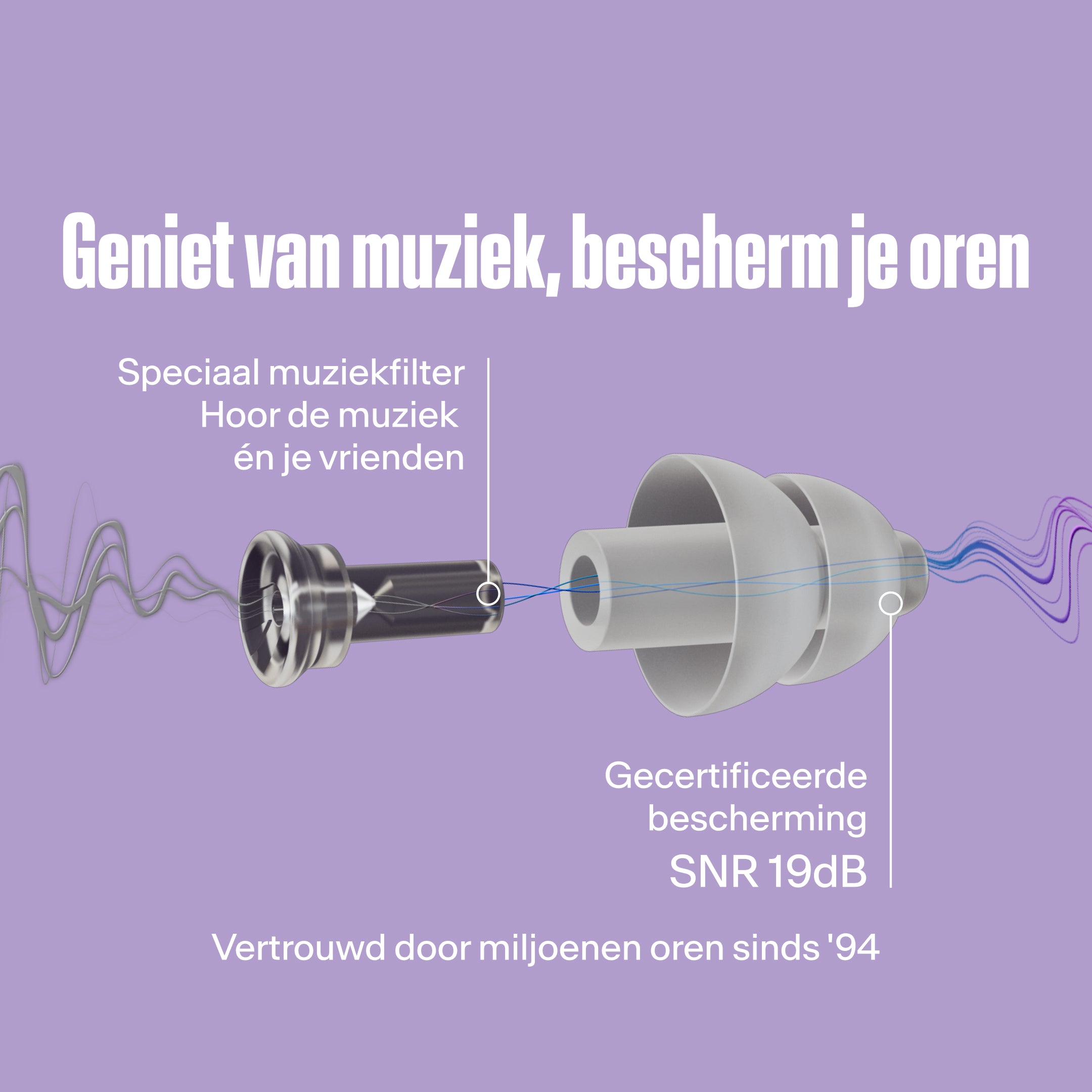 Alpine PartyPlug oordopdiagram: speciaal muziekfilter om vrienden te horen, SNR 19dB gecertificeerde gehoorbescherming