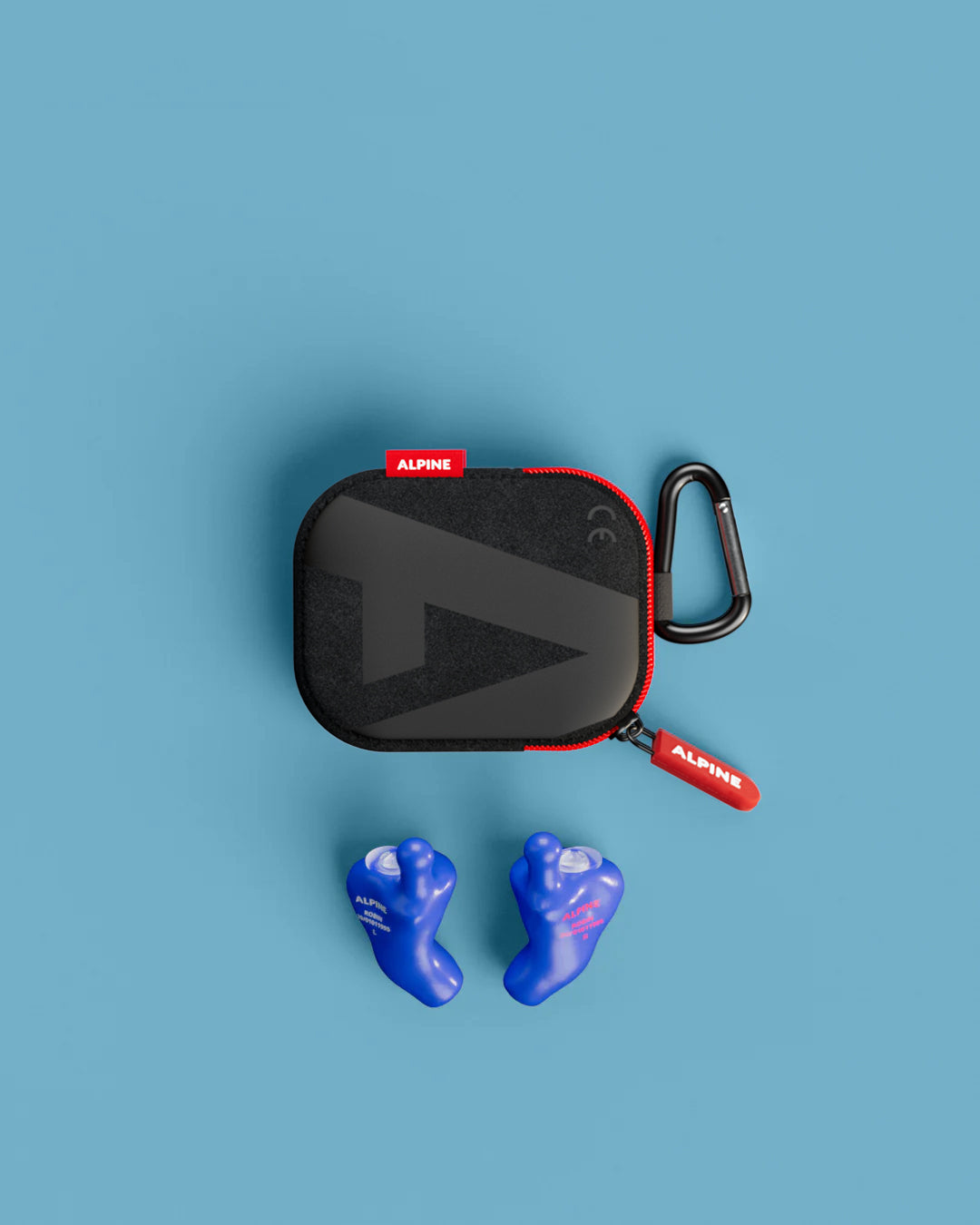 Alpine MusicSafe Custom Blue earplugs with black carrying case, top view