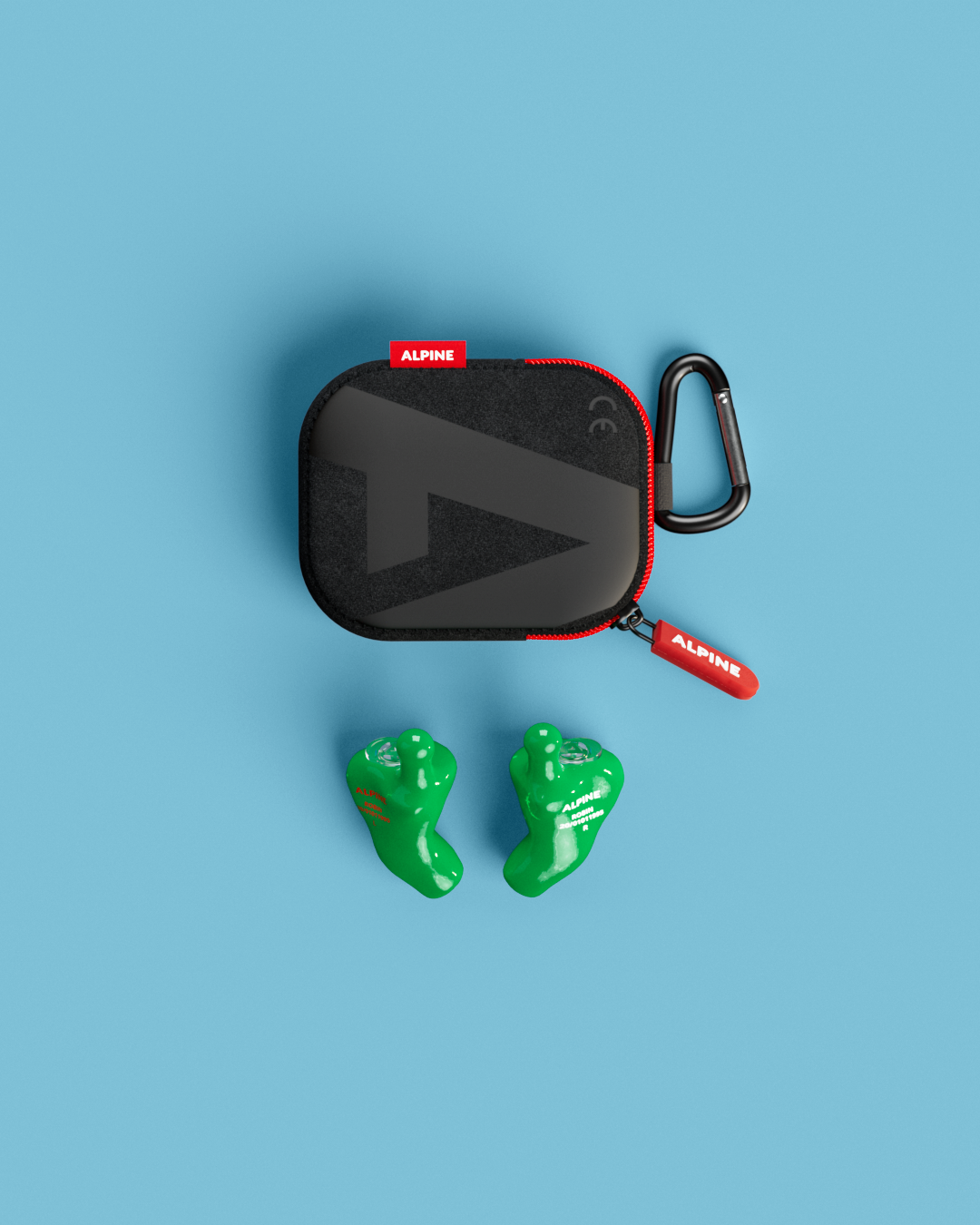 Alpine MusicSafe Custom Green earplugs with black carrying case, top view