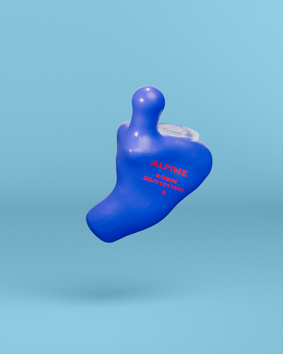 Alpine MusicSafe Custom Blue earplug with filter, 3D render on a blue background