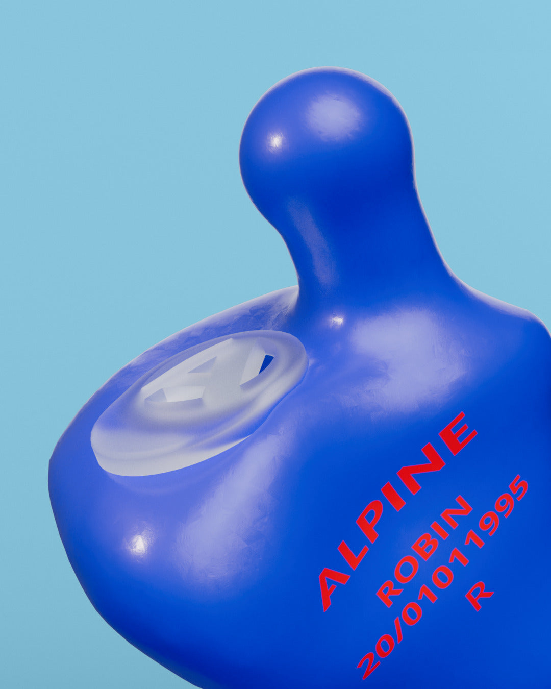 Close-up of an Alpine MusicSafe Custom Blue earplug with filter and the engraving &
