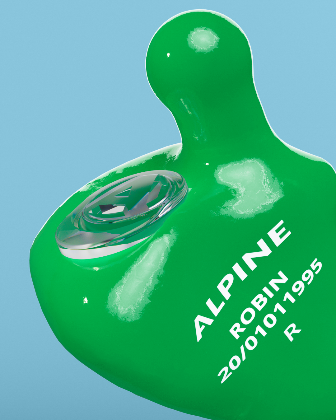 Close-up of an Alpine MusicSafe Custom Green earplug with filter and the engraving &