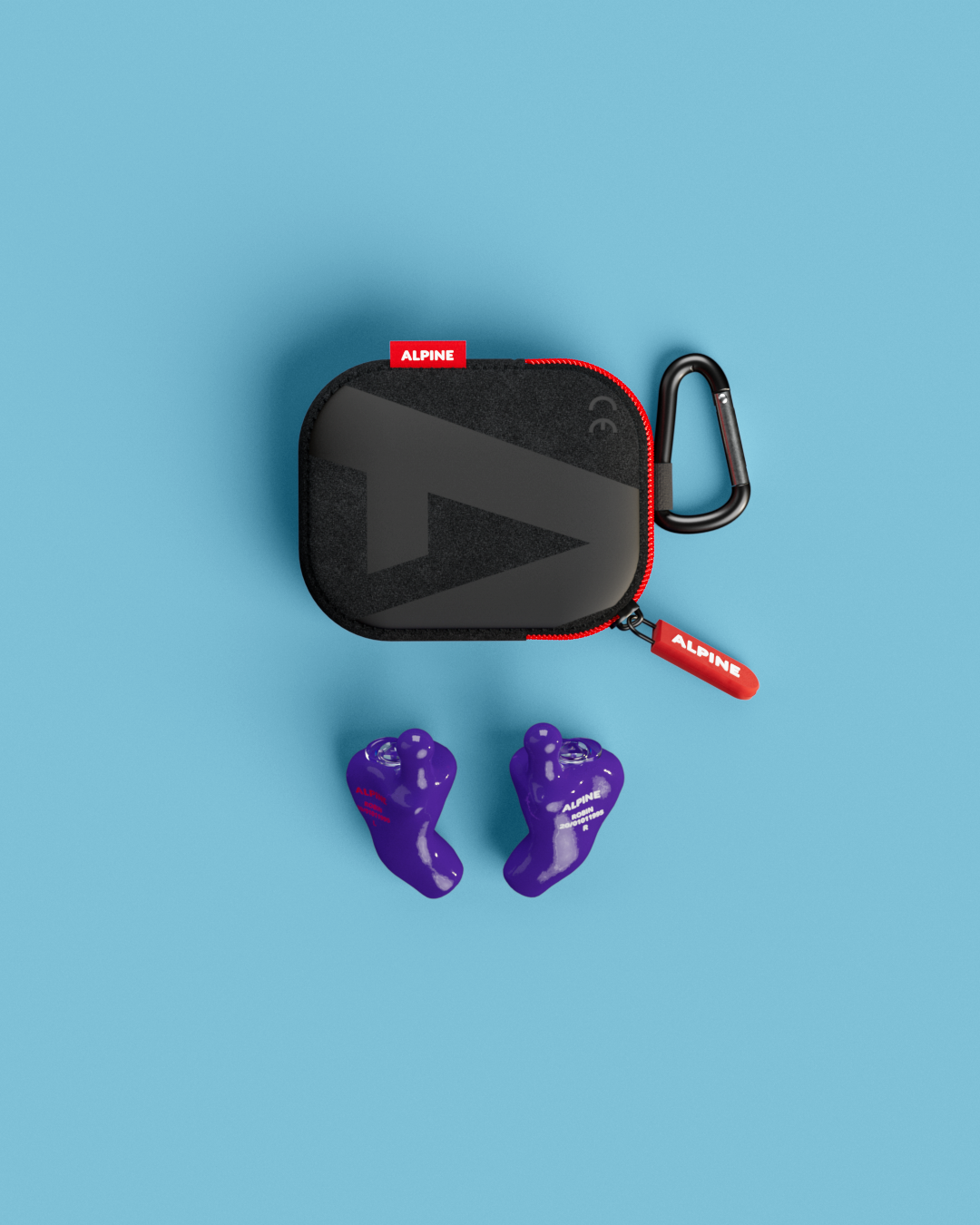 Alpine MusicSafe Custom Purple earplugs with black carrying case, top view