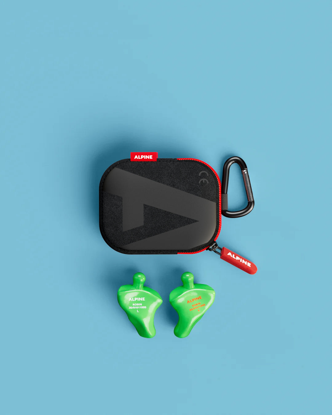 Alpine PartyPlug Custom Green earplugs with black carrying case, top view