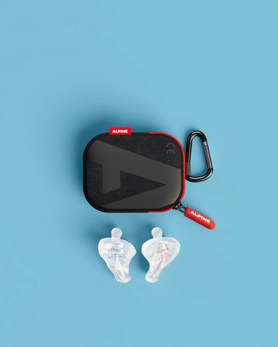 Alpine PartyPlug Custom Transparent earplugs with black carrying case, top view