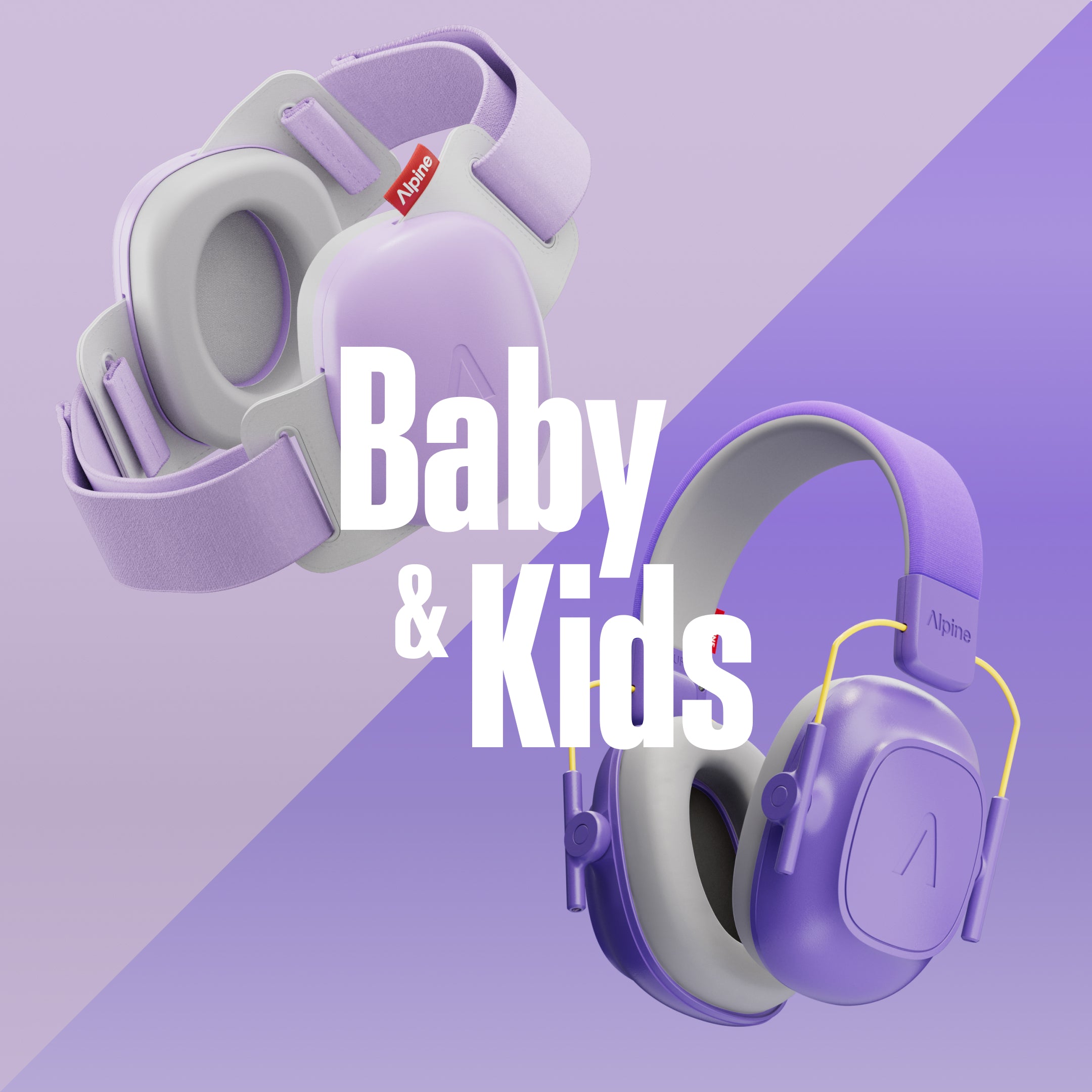 Alpine Muffy Baby and Alpine Muffy Kids earmuffs, 3D render on a split two-tone background with the text &