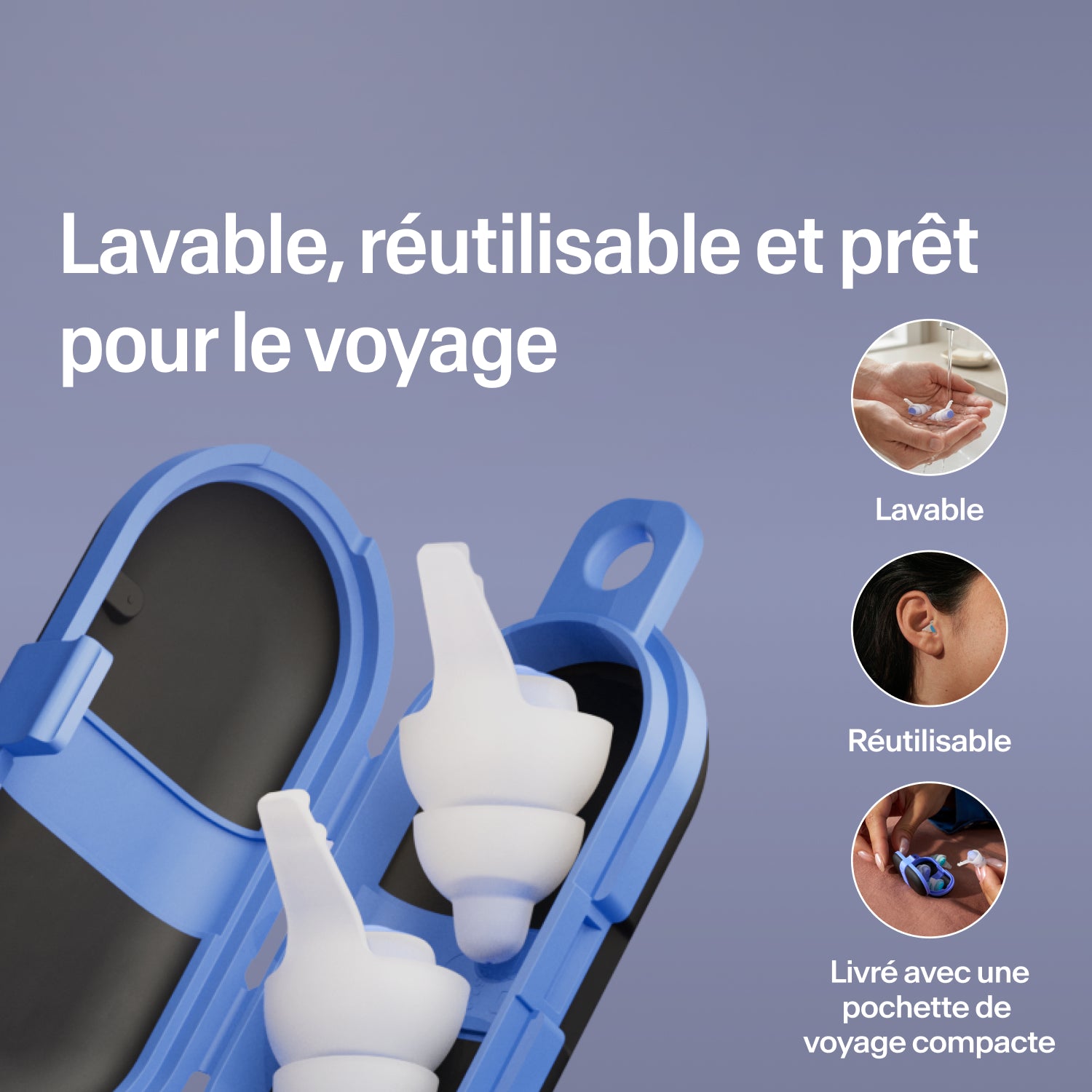 Bouchons lavables et réutilisables Alpine SleepDeep taille L dans un étui de voyage bleu compact ouvert, prêts à partir  