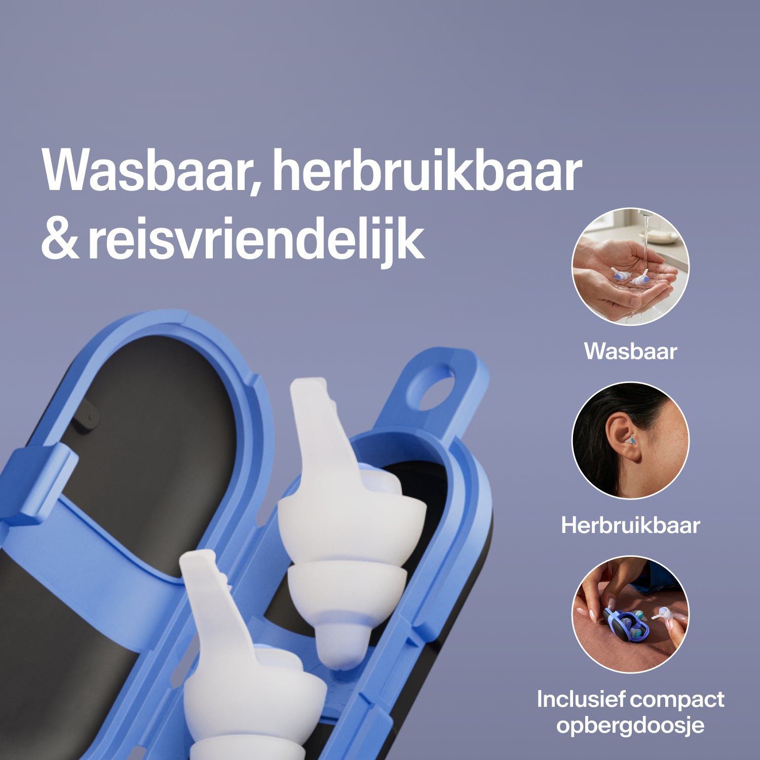 Wasbare, herbruikbare Alpine SleepDeep oordopjes in maat L in een open blauw compact reisetui, klaar voor onderweg 