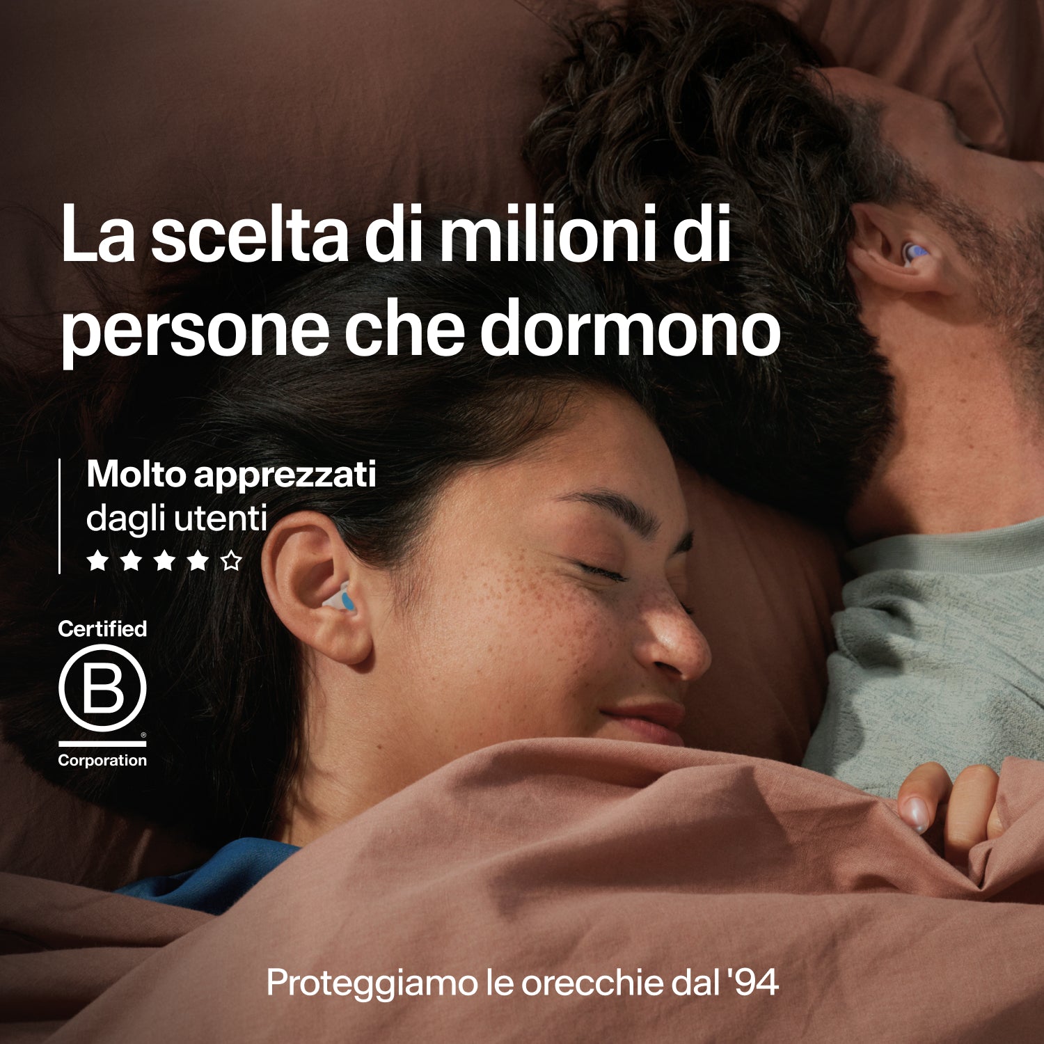 Coppia che dorme con tappi Alpine SleepDeep taglia M, scelti da milioni di persone, certificazione B Corp, protezione dell&