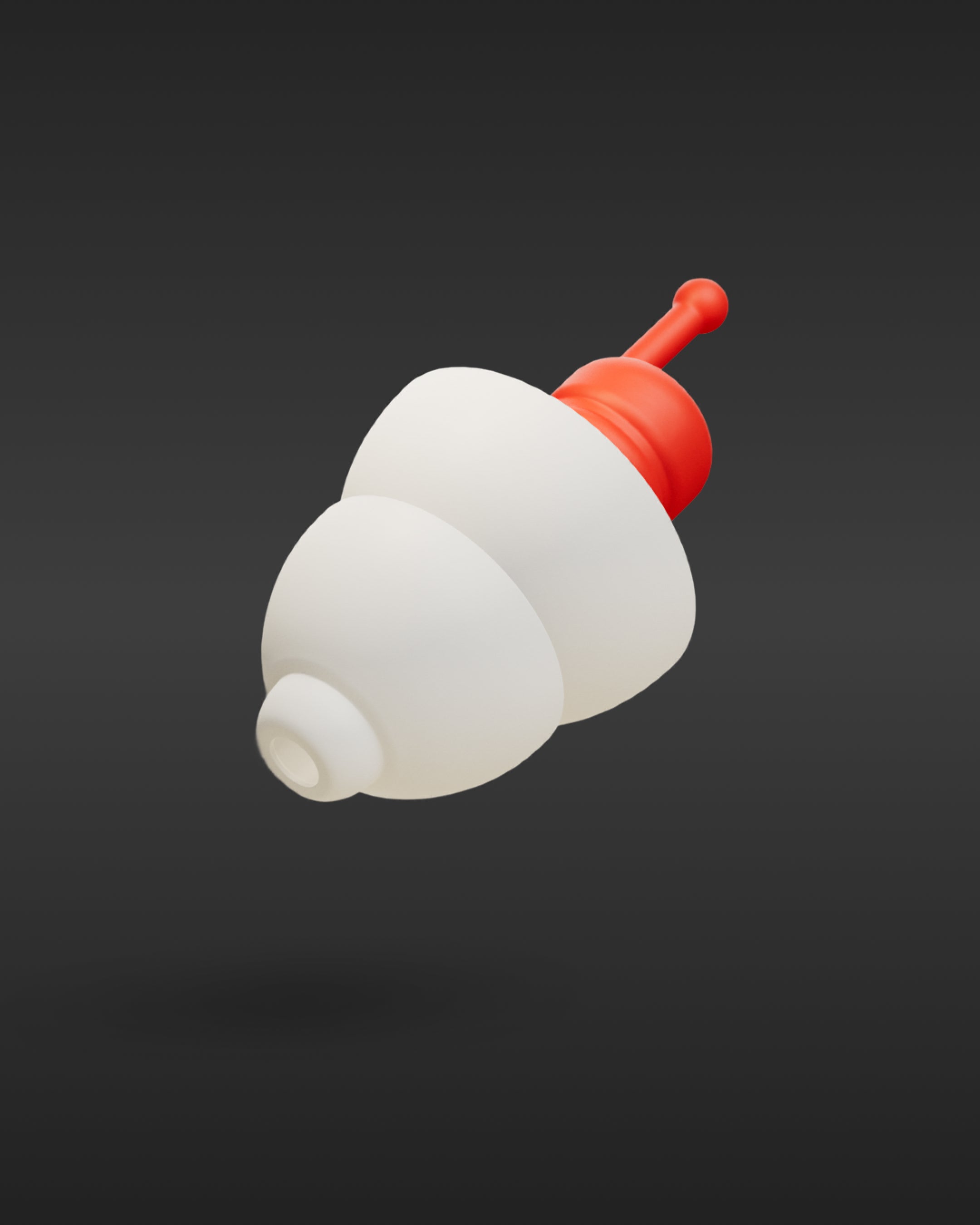 Alpine MotoSafe Sport earplug, 3D render of a white earplug with red filter and stem on a dark background 