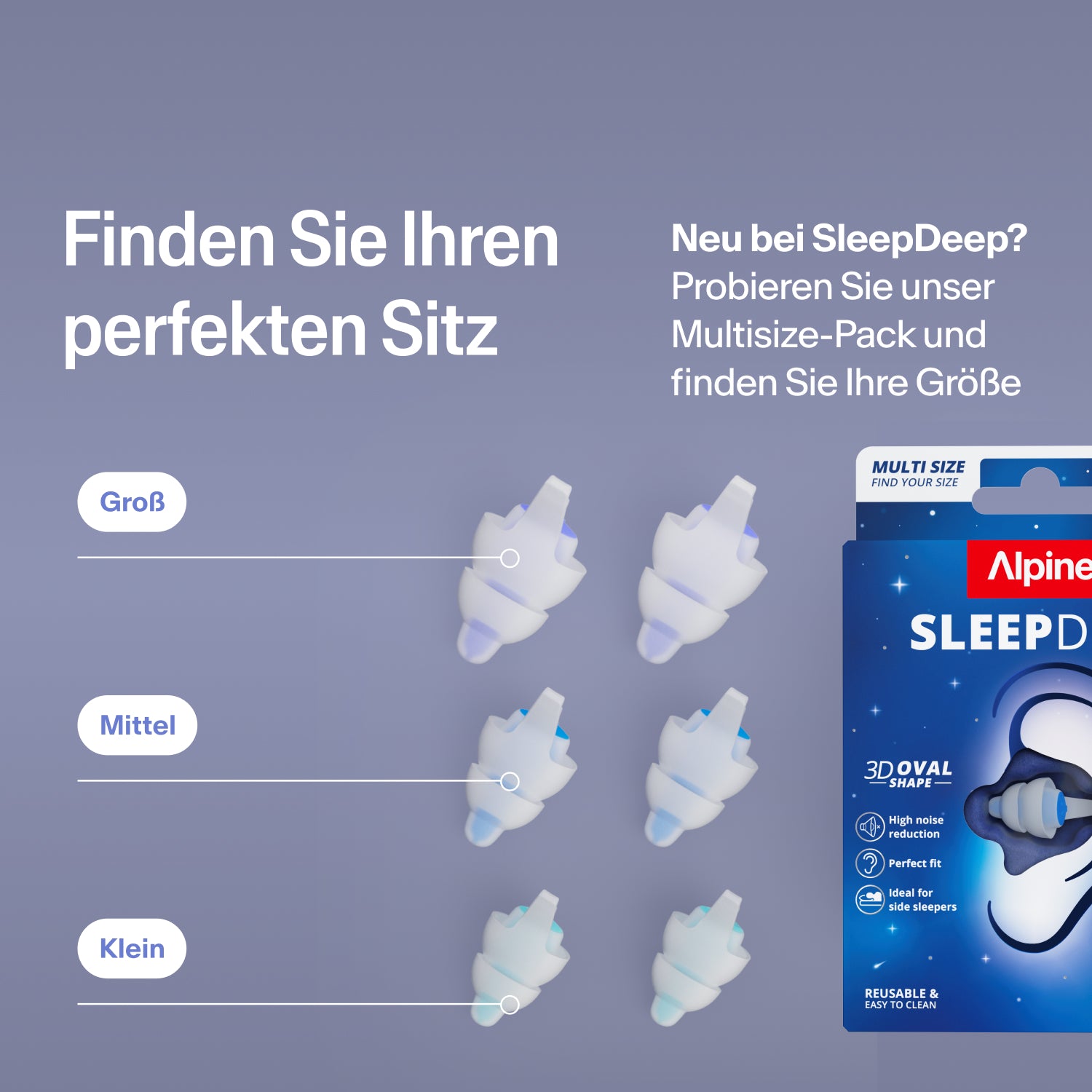 Alpine SleepDeep Ohrstöpsel in den Größen Large, Medium und Small neben der Packung; mit dem Multisize-Set die richtige Größe finden  