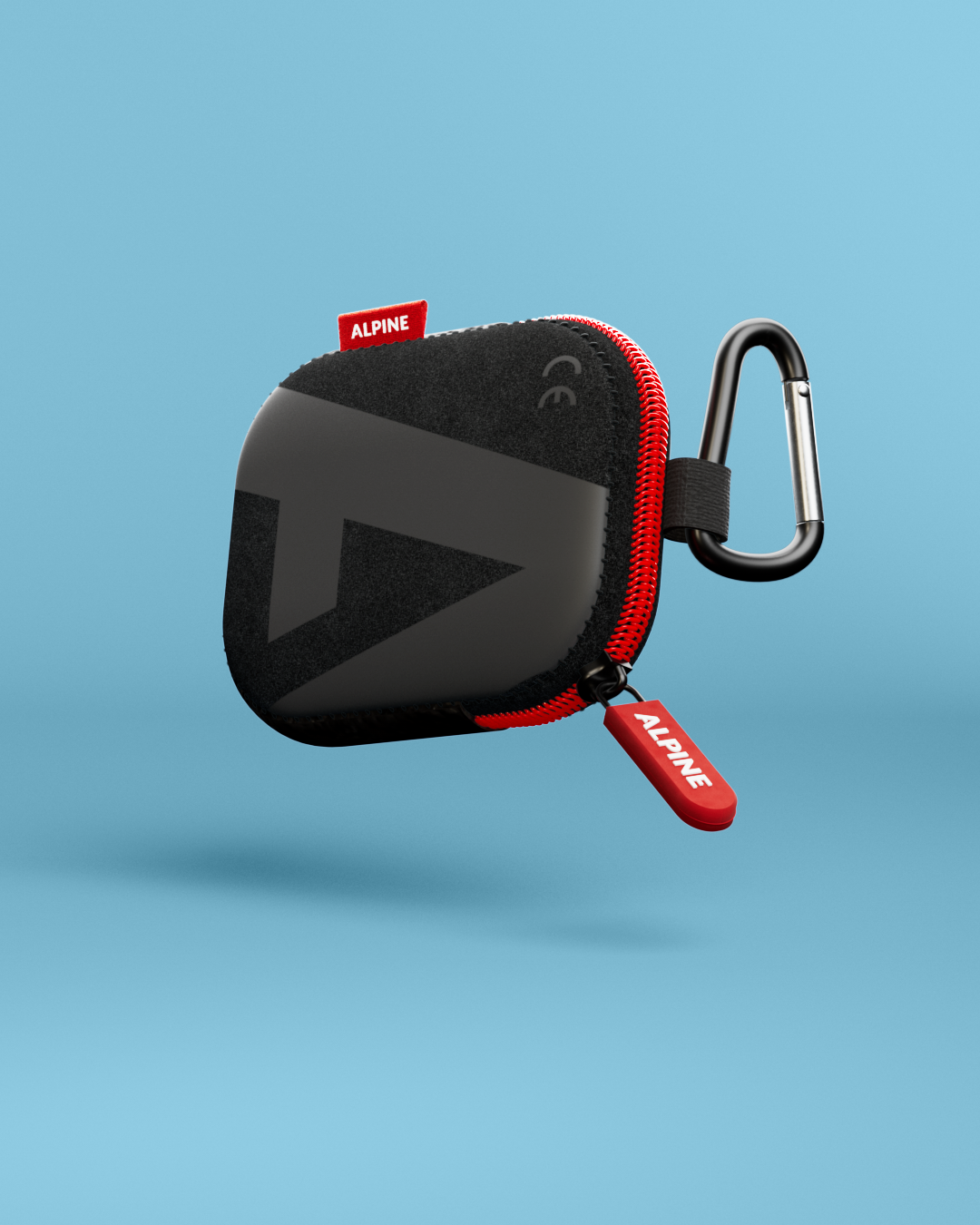 Alpine Pouch Deluxe, black zip pouch with red zipper, Alpine logo and carabiner, 3D render on a blue background