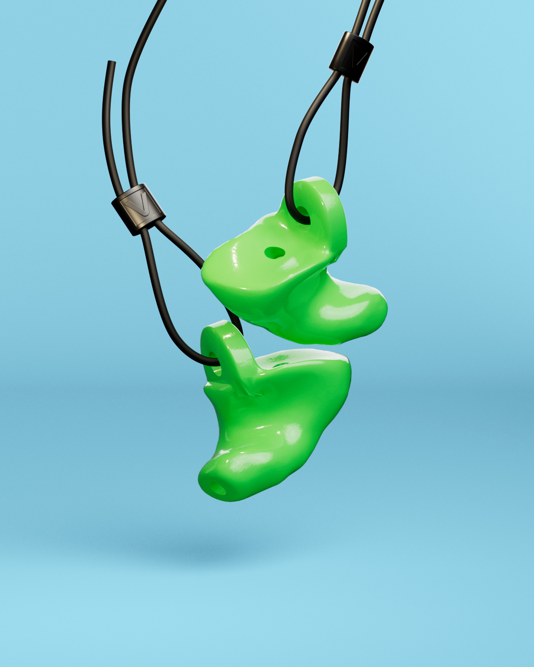 Pair of Alpine WorkSafe Custom Green earplugs hanging from an adjustable black cord #color_green