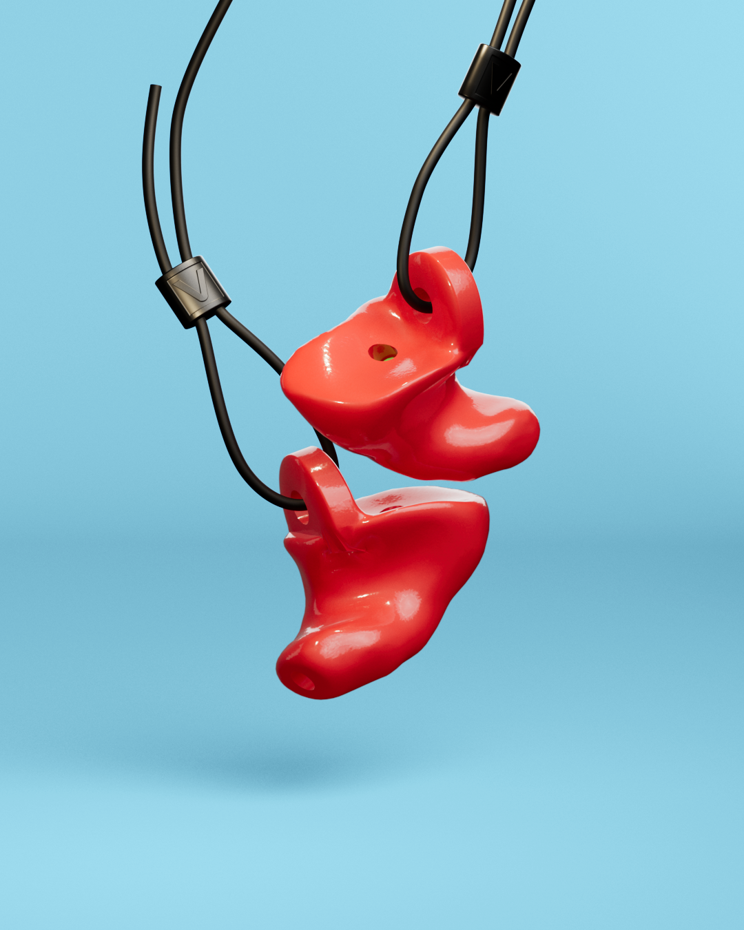 Pair of Alpine WorkSafe Custom Red earplugs hanging from an adjustable black cord #color_red