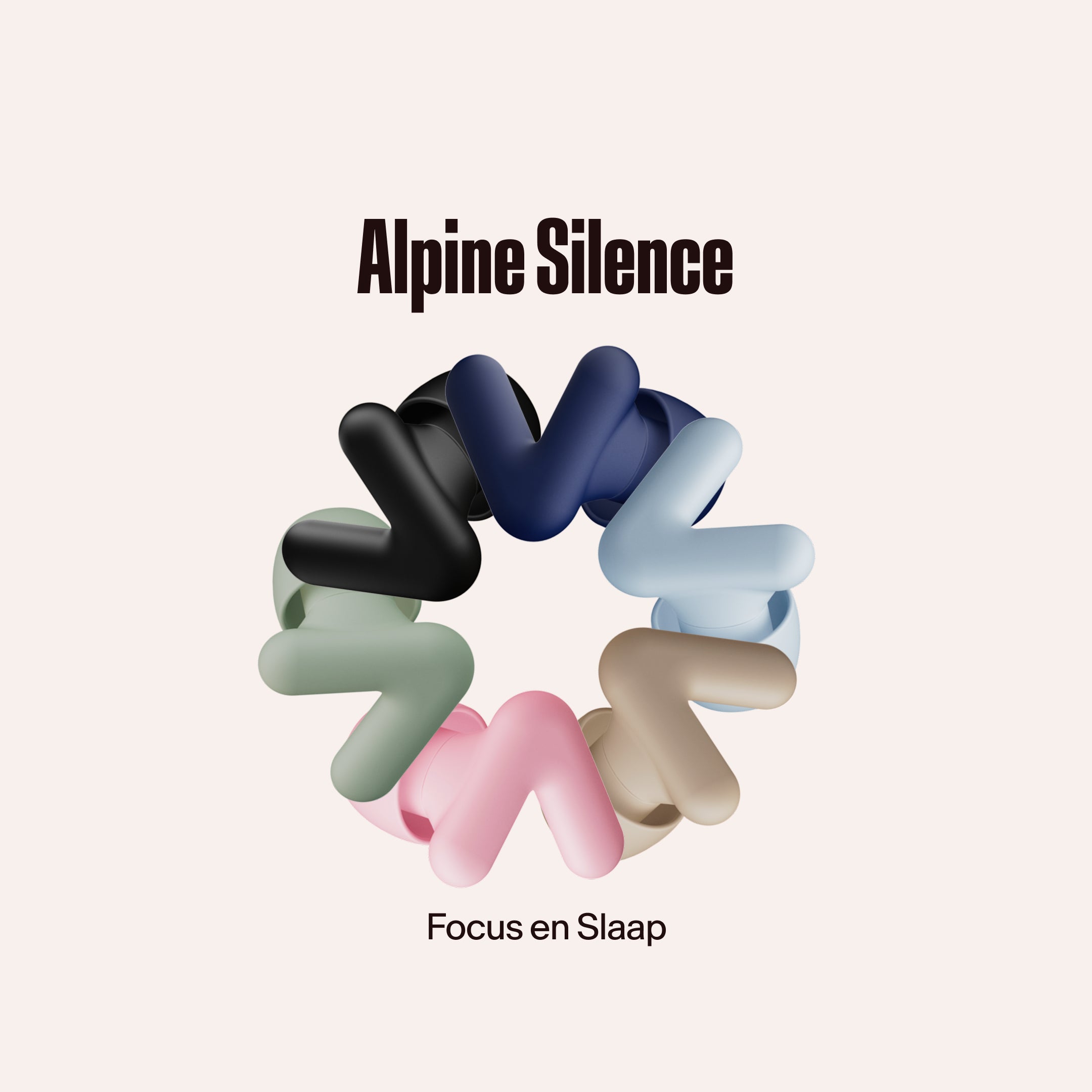 Alpine Silence oordopjes in meerdere kleuren in een cirkel geplaatst, met de tekst &