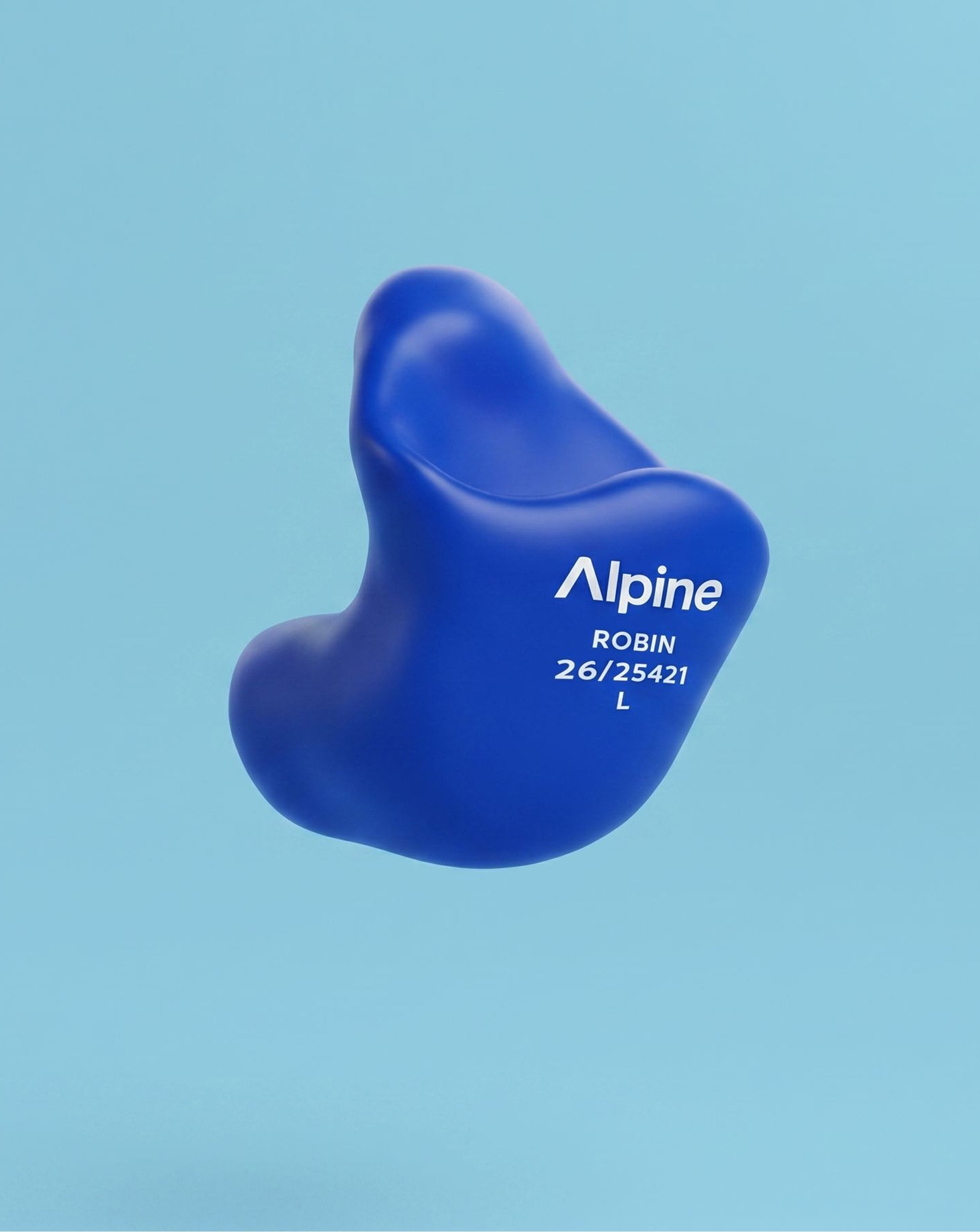 Alpine SleepSoft Custom Blue earplug, 3D render on a blue background 