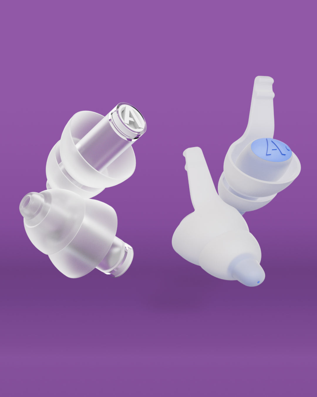 Alpine Festival Bundle: Alpine PartyPlug Pro and Alpine SleepDeep earplugs, 3D render on a purple background 
