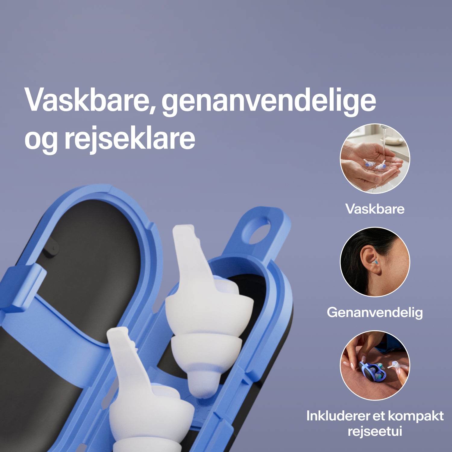 Vaskbare, genanvendelige Alpine SleepDeep ørepropper i størrelse S i et åbent blåt kompakt rejseetui, klar til rejsen  