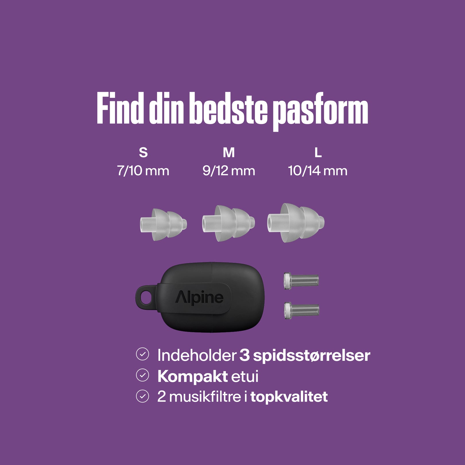 Alpine PartyPlug Pro: find din bedste pasform. Tre gennemsigtige ørepropstørrelser S, M, L, etui, to musikfiltre 