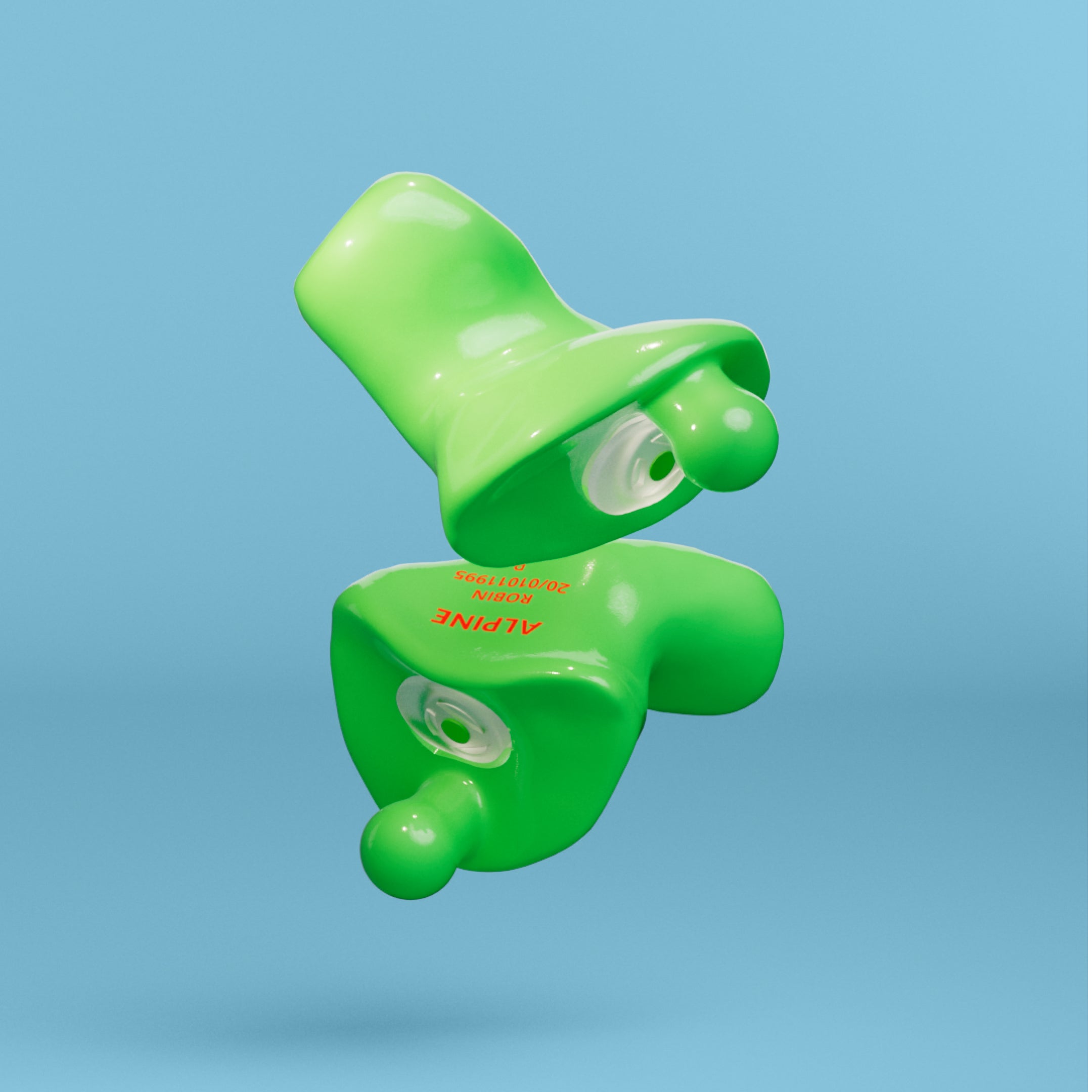 Pair of Alpine MotoSafe Custom Green earplugs with filters, 3D render 