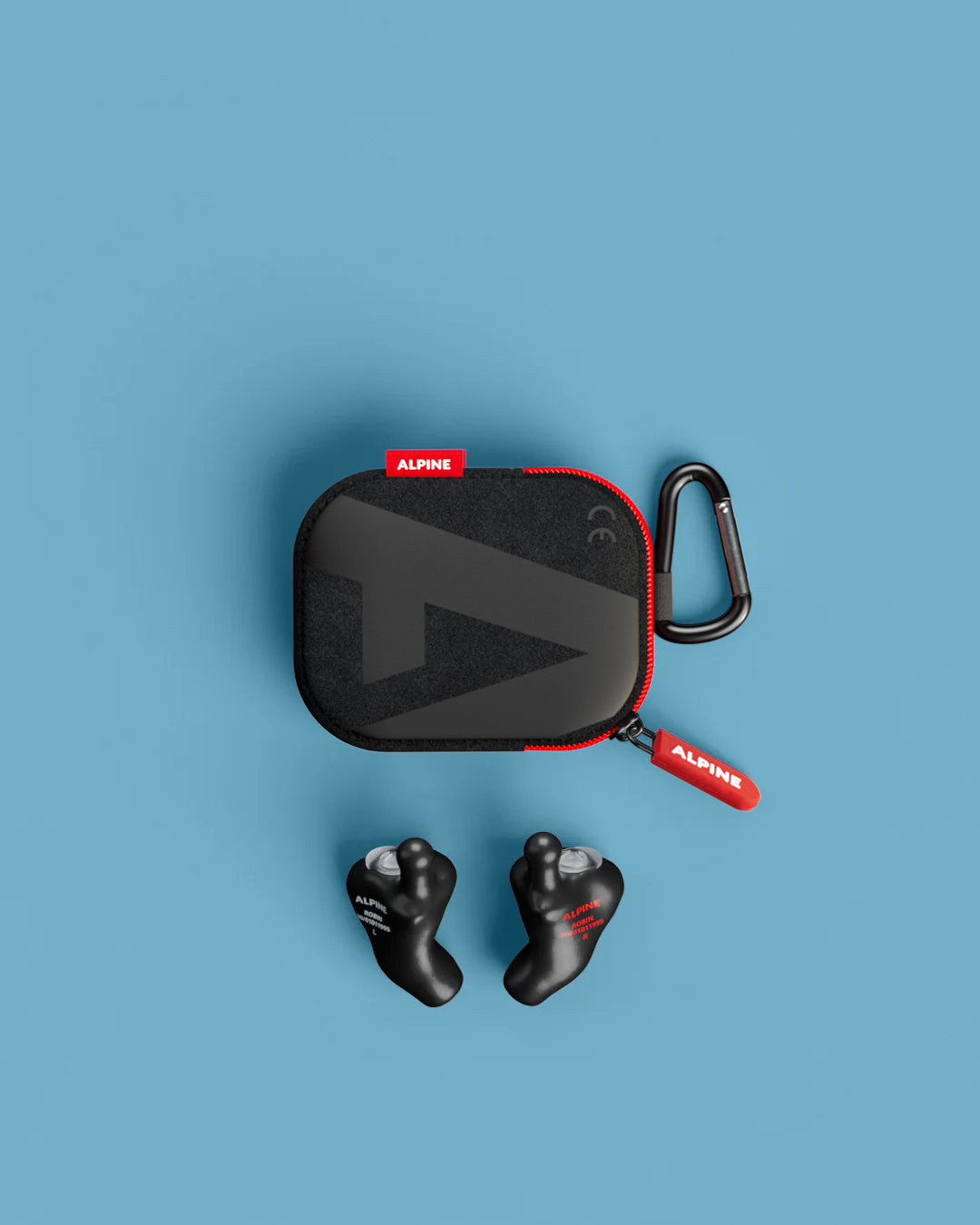 Alpine MusicSafe Custom Black earplugs with black carrying case, top view 