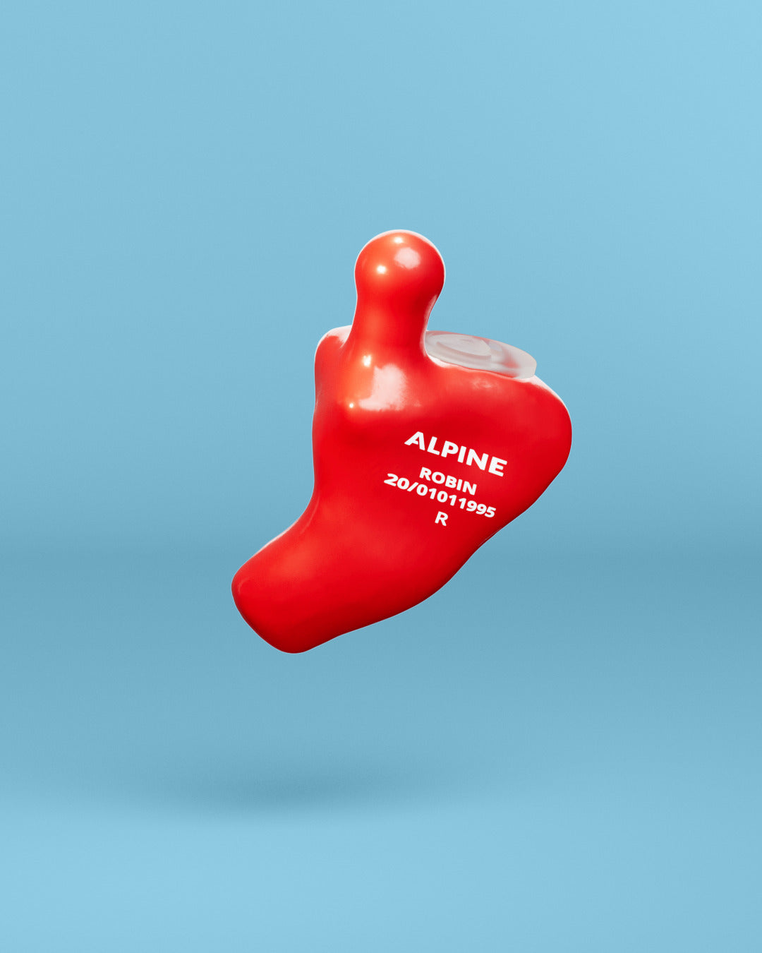 Alpine MusicSafe Custom Red earplug with filter, 3D render on a blue background 
