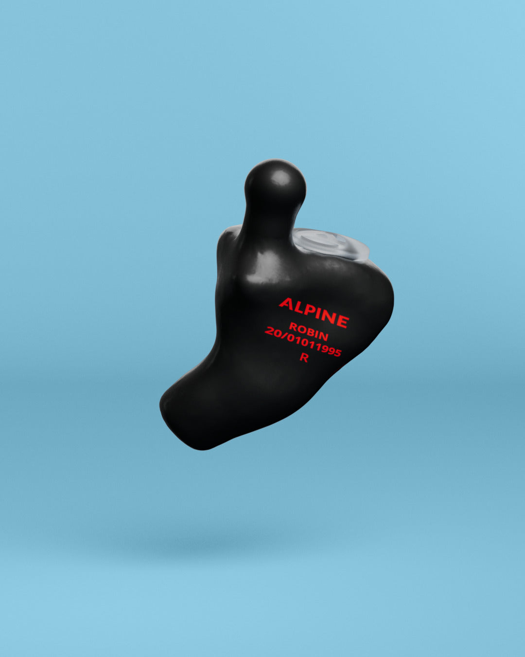 Alpine MusicSafe Custom Black earplug with filter, 3D render on a blue background 