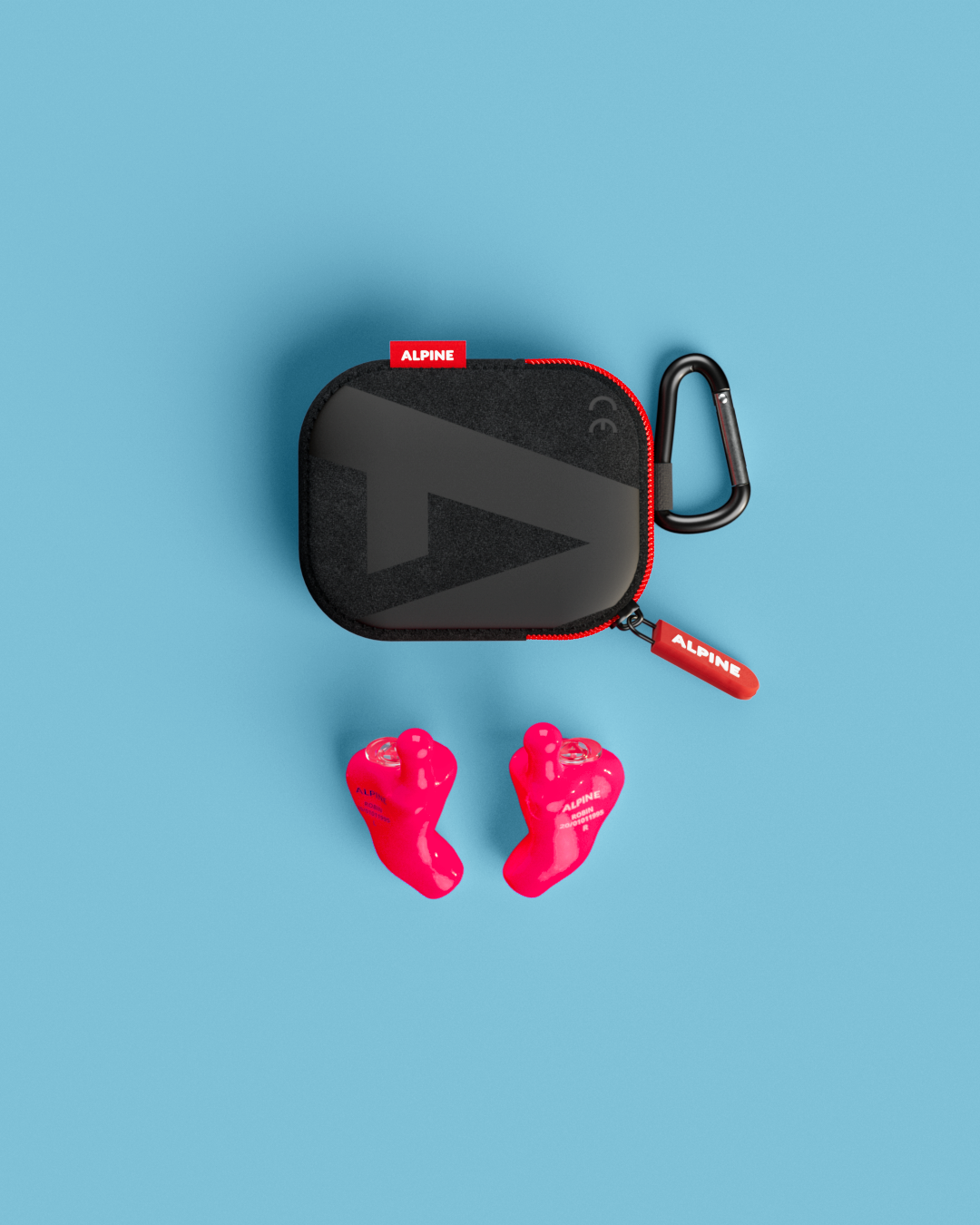 Alpine MusicSafe Custom Neon Pink earplugs with black carrying case, top view 